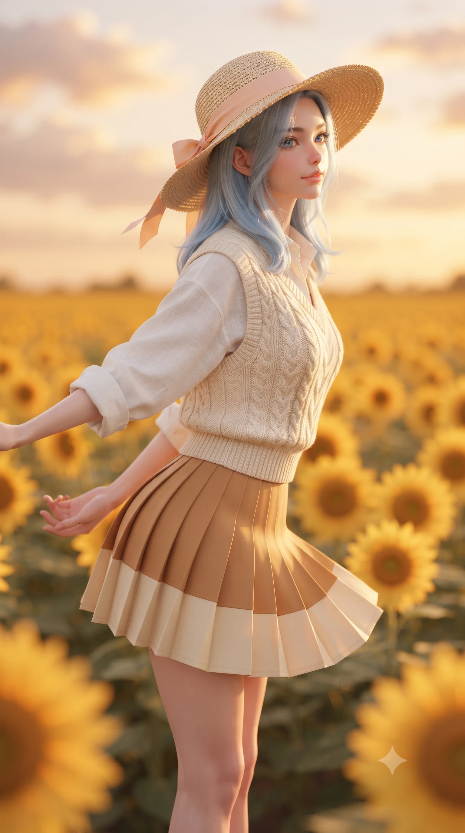 score_9, masterpiece, best quality, ultra-detailed, high-budget anime keyframe, editorial fashion photography, tasteful artistic composition, Korean woman. close-up cowboy shot from the waist and thighs up, the character dominates the composition, filling the frame with her large presence. clasping her hands behind her back and leaning forward playfully with a sweet, innocent girlhood expression while stretching her arms out wide in the golden flower field, embracing the warm summer breeze with pure girlhood delight. The composition keeps background elements in soft focus with creamy bokeh. endless yellow sunflower faces and pastel sunset clouds blurred into rich amber, honey-gold, and peach bokeh. She has an exceptionally elegant, slender, and willowy female figure with an ultra-slim waist, a gracefully sculpted slender torso, toned flat midriff, and a refined slim silhouette. sharp v-shaped jawline, high-bridge nose, intricate jewel-like eyes with depth, thick eyelashes, glossy lips with a natural sheen, pure and lovely fresh girlhood expression, flawlessly proportioned anatomical accuracy, strict slender model proportions, natural body alignment, perfectly sculpted long slender limbs, ultra-slim waistline, clean dynamic posture without body distortion. wearing a cozy cable-knit sweater vest layered over an oversized crisp white shirt and a pleated tennis skirt in warm caramel and cream vanilla, crafted from soft breathable linen that flutters gently in the breeze, paired with a wide-brim woven straw hat tied with a pastel ribbon, the relaxed yet flattering fit accentuating her naturally graceful and slender figure, highlighting her youthful charm and lovely silhouette. surrounded by a heartwarming, radiant, and delightfully sunny countryside princess aura. ultra-reflective glossy finish, specular highlights, rich natural textures, high-contrast stereoscopic depth, volumetric dynamic lighting, 2k, ultra detail, master piece, 9:16 ratio