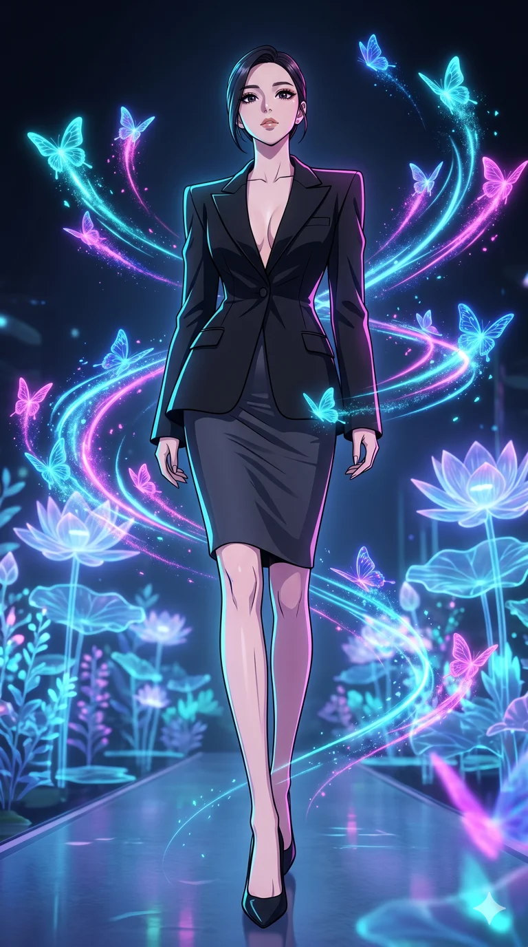 score_9, masterpiece, best quality, ultra-detailed, High-budget Anime Keyframe, vibrant colors, fluid line-art, expressive lighting, cinematic composition, Ufotable-style visual effects, top-tier animation quality, Korean woman with idol-like refined features. Low angle cowboy shot filling the entire 9:16 frame with her statuesque presence, looking up to emphasize her height. Surrounded by a swarm of digital butterflies that leave trails of neon dust. She has an absolutely perfect 8-heads proportion, an exceptionally tall and slender female figure with impossibly long slender legs and an ultra-slim waist, her statuesque height and towering silhouette dominating the vertical 9:16 frame. Her face is a masterpiece featuring a sharp v-shaped jawline, high-bridge nose, intricate jewel-like eyes with depth, thick eyelashes, and glossy lips with a natural sheen. She is wearing a Sharp-shouldered oversized blazer with nothing underneath, paired with a tight pencil skirt, deep plunging neckline, and pointed-toe heels.. The scene is set in a digital garden filled with holographic lotus flowers and neon butterflies. 2k, ultra detail, master piece, 9:16 ratio