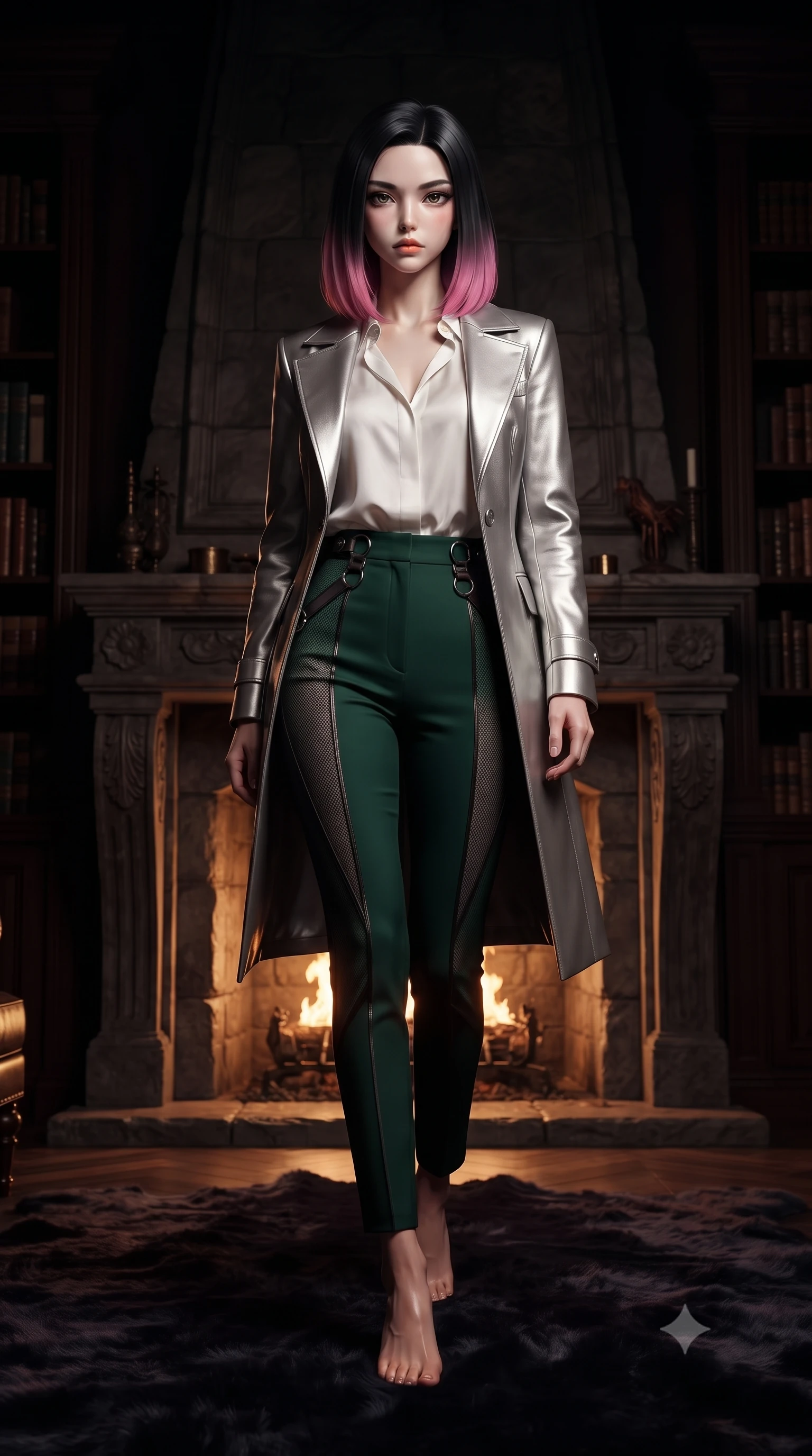 score_9, masterpiece, best quality, ultra-detailed, high-budget anime keyframe, editorial fashion photography, tasteful artistic composition, Korean woman. low angle full-body shot from head to toe showing her feet, filling the entire 9:16 vertical frame with her statuesque presence, stretching her vertical silhouette. forging confidently through the floating mist, holding a poised statuesque stance, resting on a plush dark velvet rug before a roaring stone fireplace in a gothic library, smooth skin finish glinting with warm amber specular highlights. She has an absolutely perfect, statuesque 8.5-heads proportion, an exceptionally tall and slender model-like female figure with impossibly long slender legs and an ultra-slim waist. sharp v-shaped jawline, high-bridge nose, intricate jewel-like eyes with depth, thick eyelashes, glossy lips with a natural sheen. wearing structured platinum leather long coat over white silk blouse and tailored slacks in deep emerald green, made of fine dark contouring mesh, trimmed with dark chrome ring hardware along the waist contours, contouring every curve with an exceptionally elegant silhouette. bathed in dramatic chiaroscuro with deep mahogany shadows swallowing background. highly saturated vibrant anime colors, detailed shading with soft gradients, rich glossy textures, high-contrast stereoscopic depth, volumetric dynamic lighting, master piece, 9:16 ratio
