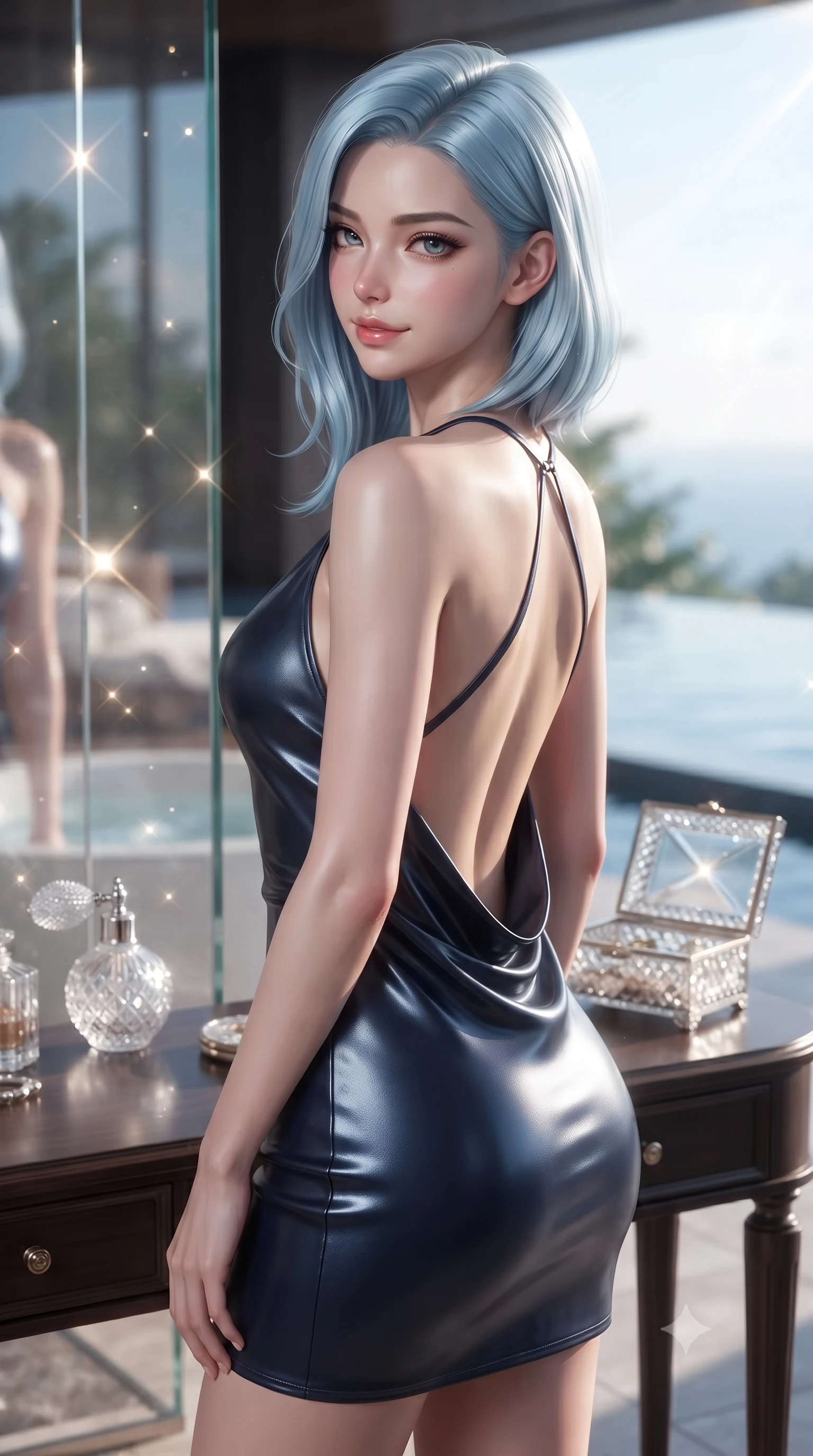 score_9, masterpiece, best quality, ultra-detailed, high-budget anime keyframe, editorial fashion photography, tasteful artistic composition, Korean woman. close-up cowboy shot from the waist and thighs up, the character dominates the composition, filling the frame with her large presence, background elements kept in soft focus. glancing sidelong over her shoulder with an intoxicating, lingering stare and a subtle, knowing smile set against a soft-focus background of inside an exclusive private spa pavilion with a vintage perfume atomizer and crystal jewelry box reflecting soft light. She has an exceptionally elegant, slender, and willowy female figure with an ultra-slim waist, a gracefully sculpted slender torso, and a refined silhouette. sharp v-shaped jawline, high-bridge nose, intricate jewel-like eyes with depth, thick eyelashes, glossy lips with a natural sheen. wearing tailored midnight navy glossy leather backless linen halter dress featuring delicate straps and a draped open-back design featuring refined tailored seams. lit by crisp morning sun rays creating sparkling glints on polished glass and water. ultra-reflective glossy finish, specular highlights, metallic sheen, high-contrast stereoscopic depth, volumetric dynamic lighting, 2k, ultra detail, master piece, 9:16 ratio