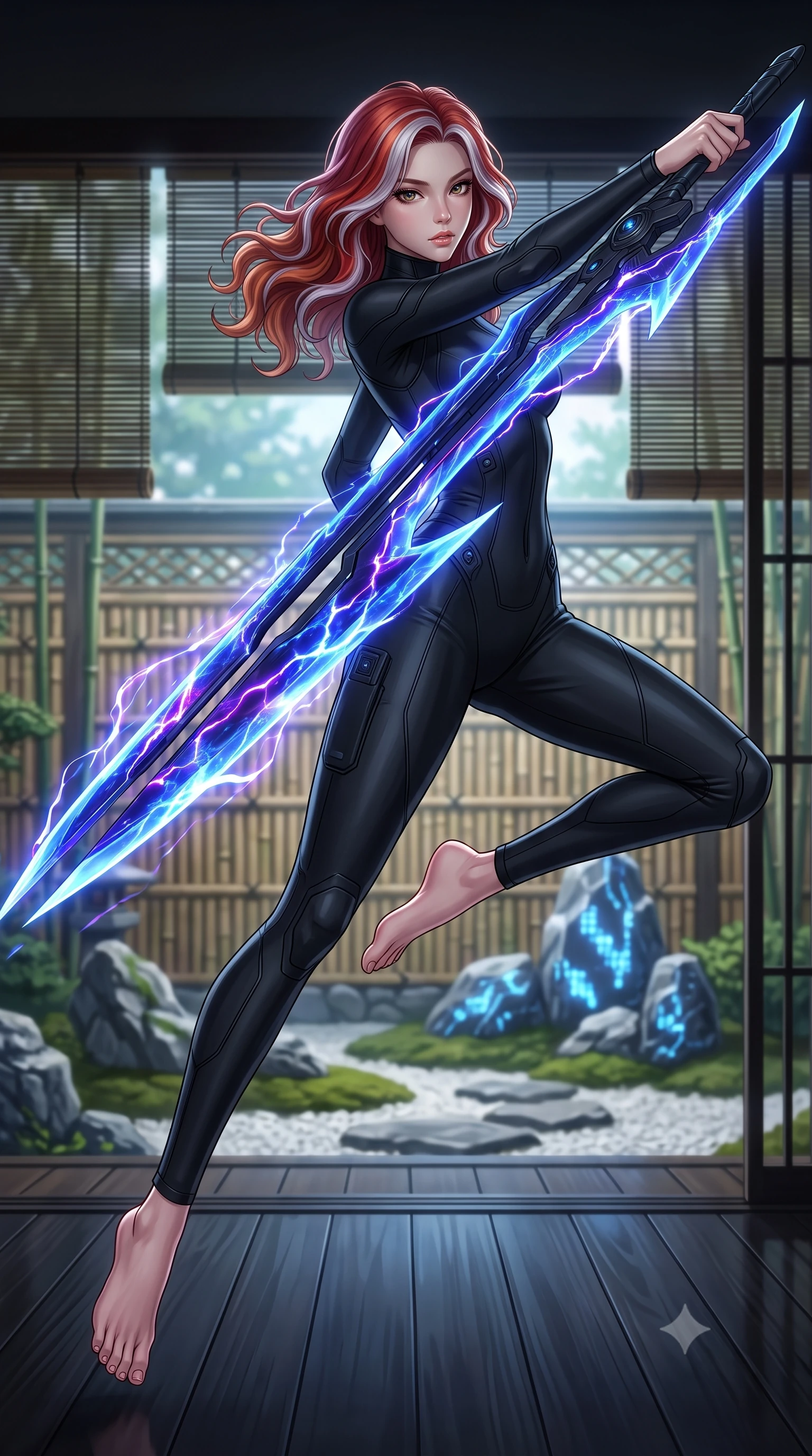 score_9, masterpiece, best quality, ultra-detailed, high-budget anime keyframe, editorial fashion photography, tasteful artistic composition, Caucasian woman. low angle full-body shot from head to toe showing her feet, filling the entire 9:16 vertical frame with her statuesque presence, stretching her vertical silhouette. leaping forward while slashing with a twin-bladed plasma sword in mid-air, her body-contouring suit showing her athletic silhouette, the background shows a soft-focus a rock garden veranda made of polished obsidian wood and bamboo screens. She has an absolutely perfect, statuesque 8.5-heads proportion, an exceptionally tall and slender model-like female figure with impossibly long slender legs and an ultra-slim waist. sharp v-shaped jawline, high-bridge nose, intricate jewel-like eyes with depth, thick eyelashes, glossy lips with a natural sheen. wearing a slim-fit body-hugging high-neck flight deck jumpsuit in matte black, contouring her athletic, slender build. soft blue light radiating from digital rocks onto her refined profile. highly saturated vibrant anime colors, detailed shading with soft gradients, rich glossy textures, high-contrast stereoscopic depth, volumetric dynamic lighting, master piece, 9:16 ratio