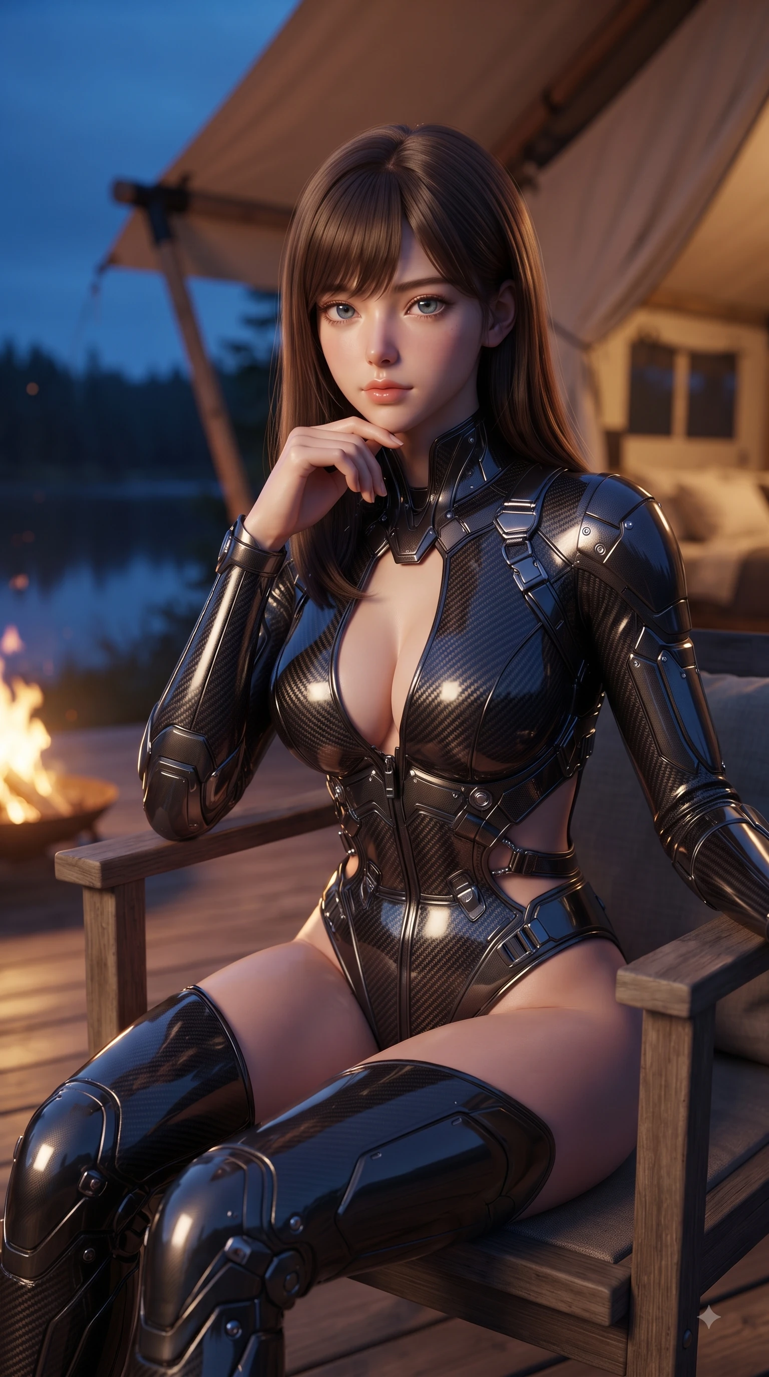 score_9, masterpiece, best quality, ultra-detailed, high-budget anime keyframe, editorial fashion photography, tasteful artistic composition, Korean woman woman. close-up cowboy shot from the waist and thighs up, the character dominates the composition, filling the frame with her large presence, background elements kept in soft focus. She has an exceptionally elegant, slender, and willowy female figure with an ultra-slim waist, a gracefully sculpted slender torso, and a refined silhouette. resting her chin on the back of her fingers in a thoughtful and effortless pose, flawlessly proportioned anatomical accuracy, natural body alignment, perfectly sculpted elegant limbs, clean dynamic posture without body distortion. set against a soft-focus background of a luxury canvas tent deck overlooking a quiet pine lake at dusk. wearing a low-cut carbon fiber combat bodysuit with strategic waist cutouts and chrome hardware. bathed in warm campfire glow contrasting with the deep twilight blue night sky. ultra-reflective glossy finish, specular highlights, metallic sheen, high-contrast stereoscopic depth, volumetric dynamic lighting, 2k, ultra detail, master piece, 9:16 ratio