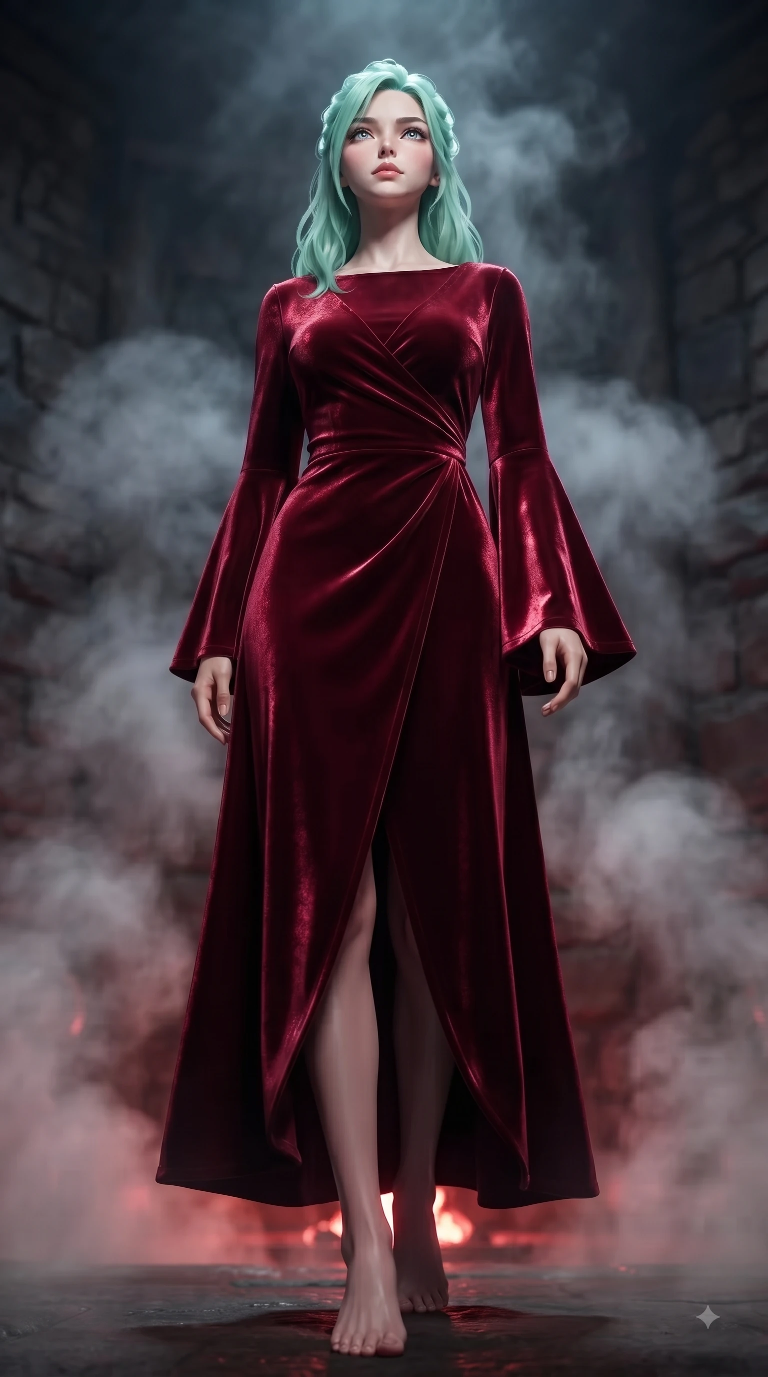 score_9, masterpiece, best quality, ultra-detailed, high-budget anime keyframe, editorial fashion photography, tasteful artistic composition, Japanese woman woman. low angle full-body shot from head to toe showing her feet, filling the entire 9:16 vertical frame with her statuesque presence, stretching her vertical silhouette. She has an absolutely perfect, statuesque 8.5-heads proportion, an exceptionally tall and slender model-like female figure with impossibly long slender legs and an ultra-slim waist. standing victorious in a commanding statuesque pose, filling the frame with her slender presence, flawlessly proportioned anatomical accuracy, natural body alignment, perfectly sculpted elegant limbs, clean dynamic posture without body distortion. set against a soft-focus background of a dark basalt thermal bath chamber with rising mineral steam. wearing a luxurious velvet wrap gown with long bell sleeves and a modest boat neckline. bathed in warm crimson furnace glow from below contrasting with cool top ambient light. ultra-reflective glossy finish, specular highlights, metallic sheen, high-contrast stereoscopic depth, volumetric dynamic lighting, 2k, ultra detail, master piece, 9:16 ratio