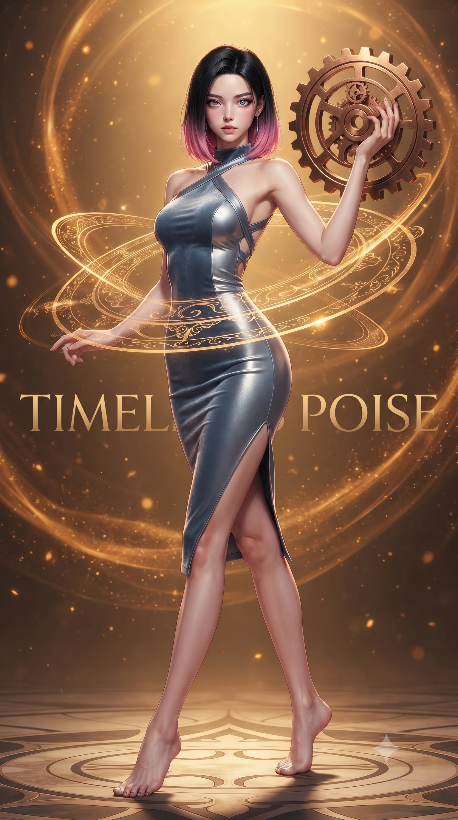 score_9, masterpiece, best quality, ultra-detailed, high-budget anime keyframe, editorial fashion photography, tasteful artistic composition, Korean woman. low angle full-body shot from head to toe showing her feet, filling the entire 9:16 vertical frame with her statuesque presence, stretching her vertical silhouette. navigating the luminous space with effortless poise, displaying her perfect model proportions resting against a floating bronze time gear in a warm golden dimension, golden temporal energy rings swirling around her waist and arms. She has an absolutely perfect, statuesque 8.5-heads proportion, an exceptionally tall and slender model-like female figure with impossibly long slender legs and an ultra-slim waist. sharp v-shaped jawline, high-bridge nose, intricate jewel-like eyes with depth, thick eyelashes, glossy lips with a natural sheen. wearing a velvet halter-neck midi dress following her form like a glove in slate blue and metallic silver, formed from sleek second-skin neoprene, complemented by criss-cross back straps highlighting her bare shoulders, the sleek second-skin texture accentuating her magnetic presence. bathed in rich amber temporal glow and warm golden backlighting. ultra-reflective glossy finish, specular highlights, metallic sheen, high-contrast stereoscopic depth, volumetric dynamic lighting, 2k, ultra detail, master piece, 9:16 ratio