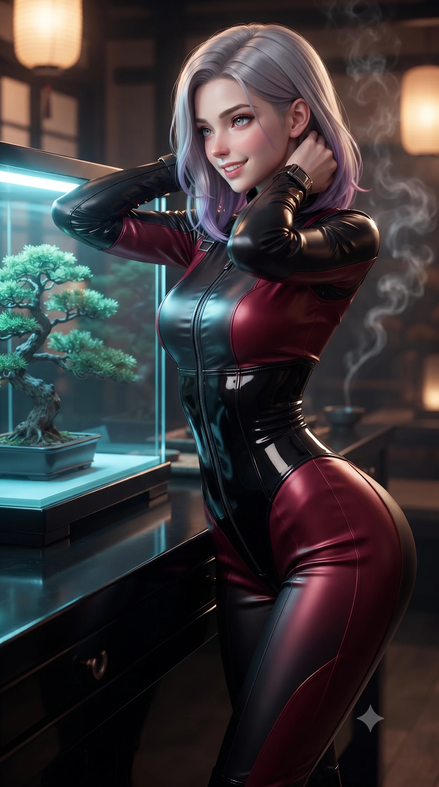 score_9, masterpiece, best quality, ultra-detailed, high-budget anime keyframe, editorial fashion photography, tasteful artistic composition, Caucasian woman. close-up cowboy shot from the waist and thighs up, the character dominates the composition, filling the frame with her large presence. resting both hands lightly behind her neck with elbows raised, arching her spine to highlight her narrow waist, flat midriff, and breathtaking collarbones while leaning against the black lacquered tea counter with hips cocked back, gazing through the bulletproof glass at a miniature bonsai tree bathed in cyan cryo-light with bedroom-eyes. The background shows a soft-focus incense smoke curling in air softened in private cyber-teahouse sanctuary shallow focus. She has an exceptionally elegant, slender, and willowy female figure with an ultra-slim waist, flat toned midriff, narrow ribcage, and sculpted feminine hips creating an alluring, slim hourglass silhouette without bulk. sharp v-shaped jawline, high-bridge nose, intricate jewel-like sparkling eyes with depth, thick eyelashes, glossy parted lips with a natural peach sheen, bright cheerful beaming smile with an enchanting and coquettish sensual glint, exuding both youthful cute charm and seductive allure, flawlessly proportioned anatomical accuracy, strict slender model proportions, natural body alignment, perfectly sculpted long slender limbs, ultra-slim waistline, clean dynamic posture without body distortion. wearing a sleek second-skin cyber-pilot bodysuit with high-gloss patent leather panels accentuating her ultra-slim waistline in Star-Fortress obsidian black and imperial crimson, crafted from fluid liquid silk satin that clings smoothly to her narrow waist and rounded hips with a dewy sheen, finished with sleek magnetic buckle closures fluttering in the breeze, the impeccably tailored cut draping gracefully along her slender figure with aristocratic poise. bathed in the warm radiant 2400K glow of concealed paper lanterns contrasted with subtle cyan cryo-vessel accent lights. ultra-reflective glossy finish, specular highlights, rich textural contrasts, high-contrast stereoscopic depth, volumetric dynamic lighting, 2k, ultra detail, master piece, 9:16 ratio