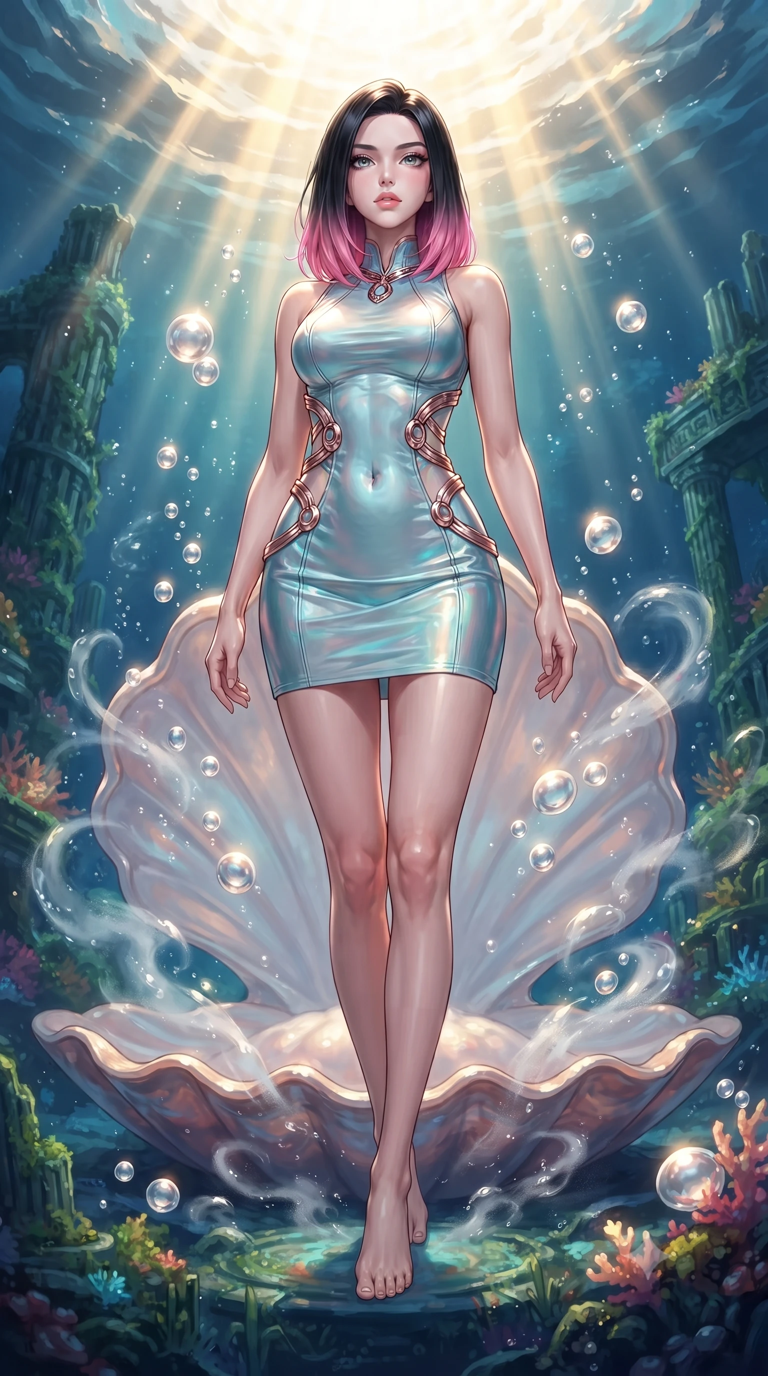 score_9, masterpiece, best quality, ultra-detailed, high-budget anime keyframe, editorial fashion photography, tasteful artistic composition, Korean woman. low angle full-body shot from head to toe showing her feet, filling the entire 9:16 vertical frame with her statuesque presence, stretching her vertical silhouette. forging confidently through the floating crystal mist, holding a poised statuesque stance, poised on an abyssal pearl shell throne illuminated by golden caustic water rays, rising pearl-like bubbles reflecting bright sunlight. She has an absolutely perfect, statuesque 8.5-heads proportion, an exceptionally tall and slender model-like female figure with impossibly long slender legs and an ultra-slim waist. sharp v-shaped jawline, high-bridge nose, intricate jewel-like eyes with depth, thick eyelashes, glossy lips with a natural sheen. wearing aerodynamic second-skin rose-gold metallic bodycon dress in radiant platinum, made of iridescent turquoise taffeta, trimmed with rose-gold ring hardware along the waist contours, sculpting her athletic slender build with refined precision. surrounded by a shimmering ocean aura with bright pearl-white rim lights. highly saturated vibrant anime colors, detailed shading with soft gradients, rich glossy textures, high-contrast stereoscopic depth, volumetric dynamic lighting, master piece, 9:16 ratio