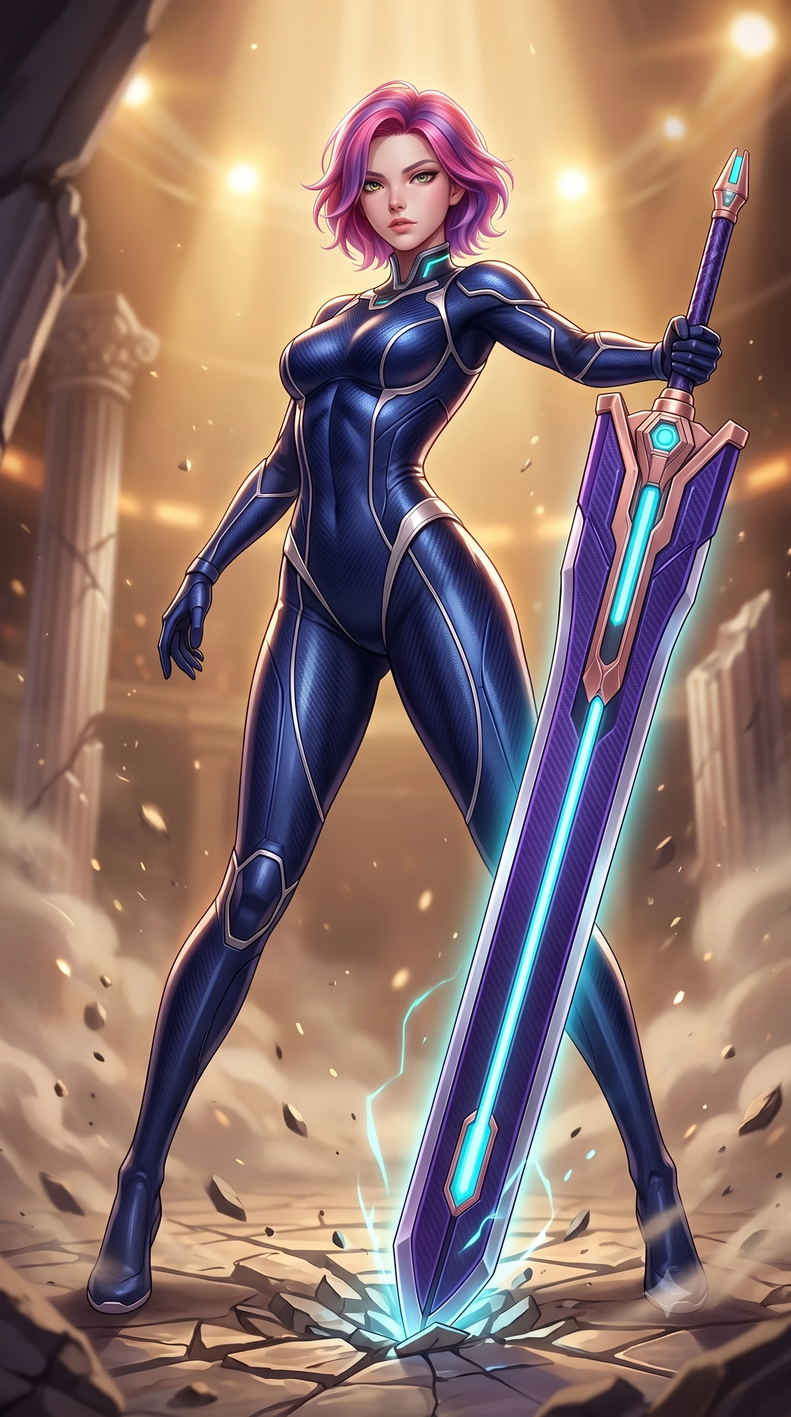 score_9, masterpiece, best quality, ultra-detailed, high-budget anime keyframe, semi-realistic 3D game render, editorial fashion photography, tasteful artistic composition, Caucasian woman. low angle full-body shot from head to toe showing her feet, filling the entire 9:16 vertical frame with her statuesque presence, stretching her vertical silhouette. arching her spine in a fluid zero-gravity combat turn with sovereign grace, her long slender legs and sculpted torso creating a sweeping line of power while pivoting dynamically as she plants the colossal greatsword tip into the ground, leaning on the hilt with sovereign poise. The composition keeps background elements in soft focus with creamy bokeh. shattered arena pillars and rising dust motes softened in dramatic shallow depth of field. She has an absolutely perfect, statuesque 8.5-heads proportion, an exceptionally tall and slender model-like female figure with impossibly long slender legs, a toned flat midriff, and an ultra-slim waist. sharp v-shaped jawline, high-bridge nose, intricate jewel-like eyes with depth, thick eyelashes, glossy lips with a natural sheen, flawlessly proportioned anatomical accuracy, strict slender model proportions, natural body alignment, perfectly sculpted long slender limbs, ultra-slim waistline, clean dynamic posture without body distortion. wearing a statuesque midnight cobalt carbon-fiber armor-suit with platinum trim and an ultra-slim waistline, resting a massive sleek high-frequency anti-material greatsword across her shoulder in royal purple carbon fiber with rose-gold hardware and clasps, made of liquid carbon-jersey fabric adhering flawlessly to her sculpted silhouette, featuring a sleek aerodynamic collar framed by subtle glowing cybernetic status LEDs, the glove-like aerodynamic second-skin fit tightly clinging to her ultra-slender waist and athletic curves without adding bulk, accentuating her razor-sharp statuesque lines and slim hourglass silhouette. bathed in warm golden arena searchlights and glowing greatsword energy channel radiance. rich saturated anime colors with glowing neon highlights, detailed shading with soft gradients, rich glossy textures, high-contrast stereoscopic depth, volumetric dynamic lighting, master piece, 9:16 ratio