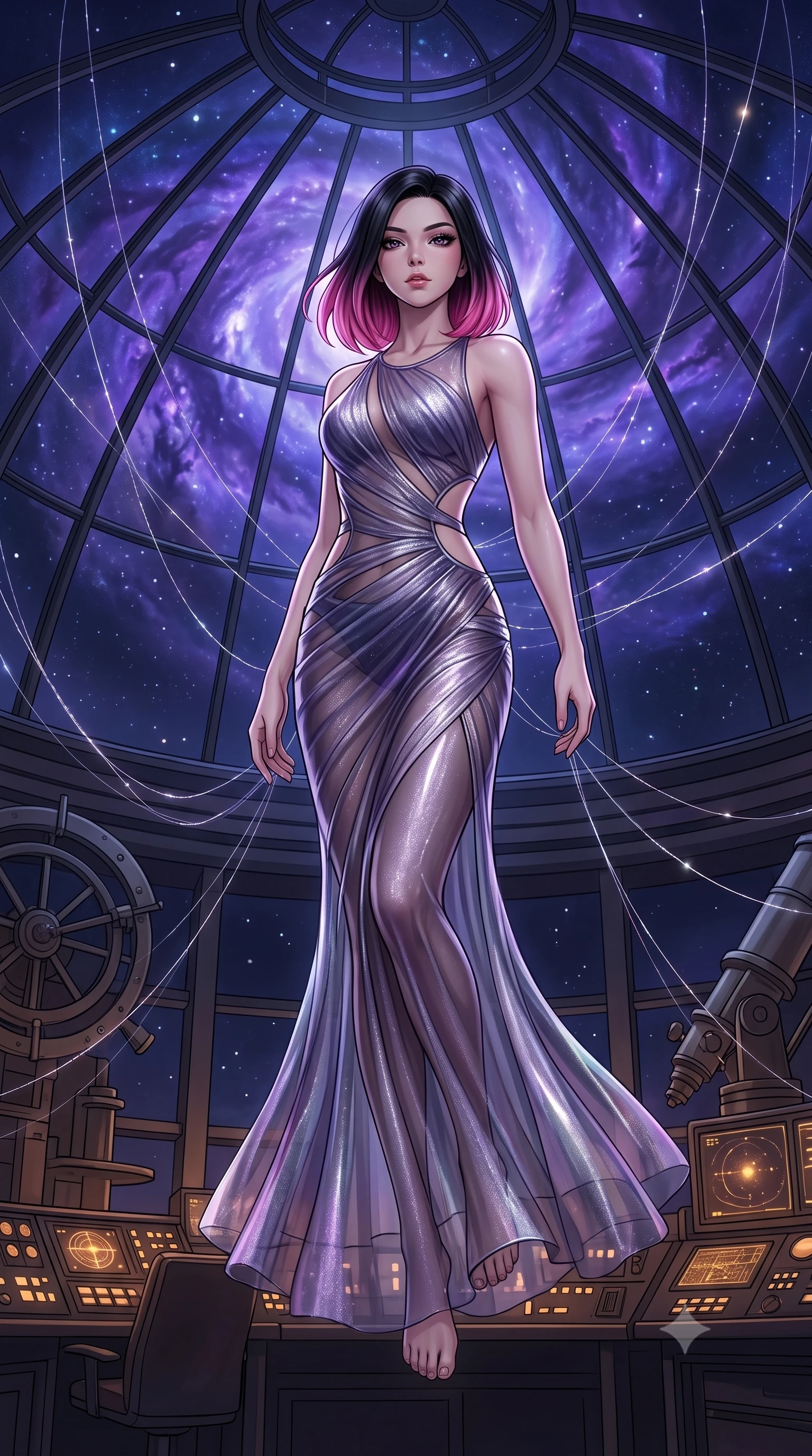 score_9, masterpiece, best quality, ultra-detailed, High-budget Anime Keyframe, East Asian woman. Low angle cowboy shot filling the entire 9:16 frame with her statuesque presence. Scenario 356: suspended by invisible silk threads inside a high-altitude observatory dome under a swirling violet nebula. Her presence is magnetic and overpowering in this high-budget anime scene. Outfit 356: a body-hugging shimmering chiffon bare with a strategic side cut-outs and tight-fitting silhouette. The clothing is designed to emphasize her exceptionally tall and slender 8-heads proportion. 8-heads proportion, towering silhouette, ultra-slim waist. sharp v-shaped jawline, intricate jewel-like eyes with depth, thick eyelashes, glossy lips. 2k, ultra detail, master piece, 9:16 ratio