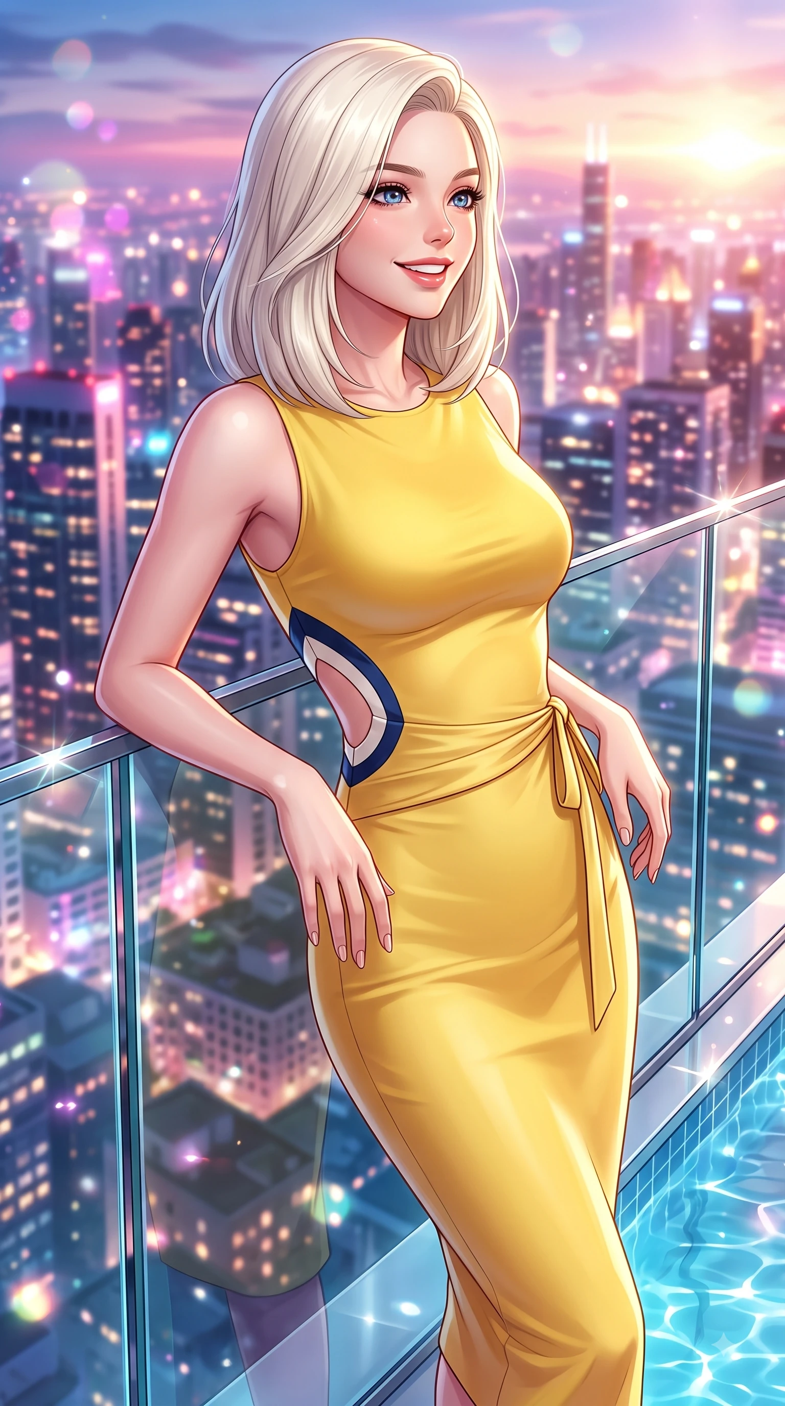 score_9, masterpiece, best quality, ultra-detailed, high-budget anime keyframe, editorial fashion photography, tasteful artistic composition, Caucasian woman. close-up cowboy shot from the waist and thighs up, the character dominates the composition, filling the frame with her large presence. Radiant anticipation in her face, glowing with hopeful curiosity and warm expectant energy while leaning against a sleek glass railing overlooking a vibrant urban skyline. The composition keeps background elements in soft focus with dreamy bokeh. twinkling city tower lights and glowing sunset sky blurred into sparkling urban bokeh. She has an exceptionally elegant, slender, and willowy female figure with an ultra-slim waist, a gracefully sculpted slender torso, and a refined silhouette. sharp v-shaped jawline, high-bridge nose, intricate jewel-like eyes with depth, thick eyelashes, glossy lips with a natural sheen, flawlessly proportioned anatomical accuracy, natural body alignment, perfectly sculpted elegant limbs, clean dynamic posture without body distortion. wearing a sleek daffodil yellow sleeveless knit midi dress with subtle side cutouts in royal navy blue and pure ivory, crafted from smooth liquid silk satin, accented with a delicate side waist sash creating fluid lines, the sleek second-skin fit accentuating her magnetic presence. illuminated by crisp specular highlights from infinity pool reflections and city lights. highly saturated vibrant anime colors, detailed shading with soft gradients, rich glossy textures, high-contrast stereoscopic depth, volumetric dynamic lighting, master piece, 9:16 ratio
