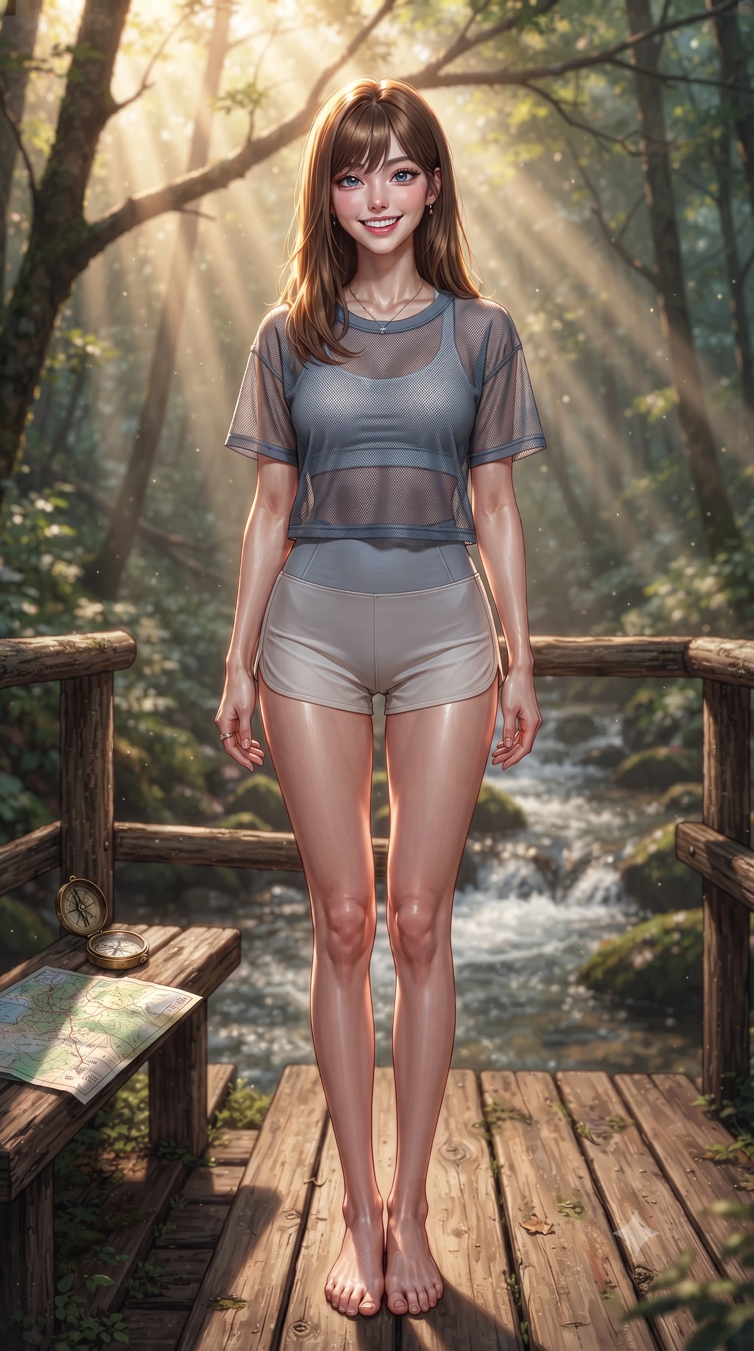 score_9, masterpiece, best quality, ultra-detailed, high-budget anime keyframe, editorial fashion photography, tasteful artistic composition, Korean woman. low angle full-body shot from head to toe showing her feet, filling the entire 9:16 vertical frame with her statuesque presence, stretching her vertical silhouette. standing with a cute, bright pose, tilting her head with a beaming smile set against a soft-focus background of on a rustic wooden bridge crossing a shallow, bubbling valley stream with a small compass and a map of the forest trail on a nearby bench. She has an absolutely perfect, statuesque 8.5-heads proportion, an exceptionally tall and slender model-like female figure with impossibly long slender legs and an ultra-slim waist. sharp v-shaped jawline, high-bridge nose, intricate jewel-like eyes with depth, thick eyelashes, glossy lips with a natural sheen. wearing slim-fit sheer mesh athletic top in slate grey, worn over a slim-fit sports bralette and shorts. volumetric sunbeams creating beautiful light shafts through the tree branches. ultra-reflective glossy finish, specular highlights, metallic sheen, high-contrast stereoscopic depth, volumetric dynamic lighting, 2k, ultra detail, master piece, 9:16 ratio