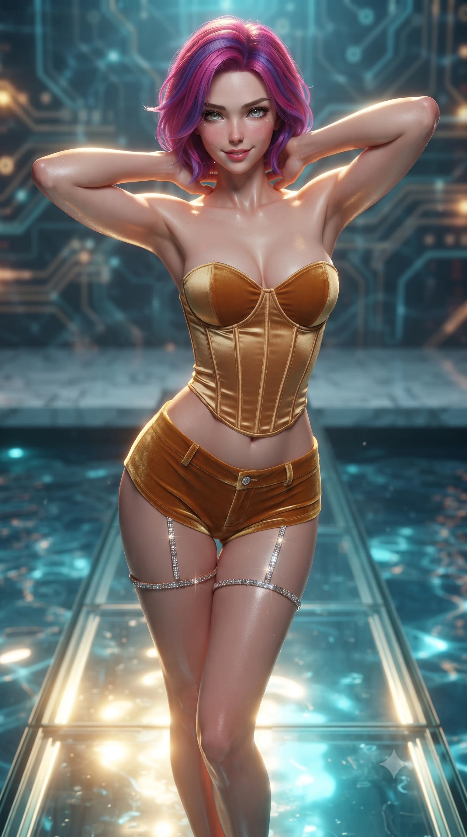 score_9, masterpiece, best quality, ultra-detailed, high-budget anime keyframe, editorial fashion photography, tasteful artistic composition, Caucasian woman. close-up cowboy shot from the waist and thighs up, the character dominates the composition, filling the frame with her large presence. resting both hands lightly behind her neck with elbows raised, arching her spine to highlight her narrow waist, flat midriff, and breathtaking collarbones while standing poised on the narrow transparent glass catwalk hovering over the illuminated pool, arching her spine with breathtaking daring. The background shows a soft-focus digital water ripple effects softened in avant-garde sci-fi shallow focus. She has an exceptionally elegant, slender, and willowy female figure with an ultra-slim waist, flat toned midriff, narrow ribcage, and sculpted feminine hips creating an alluring, slim hourglass silhouette without bulk. sharp v-shaped jawline, high-bridge nose, sparkling eyes with hypnotic seductive depth, thick curled eyelashes, glossy parted lips with a natural dewy peach sheen, alluring bedroom-eyes with an enchanting coquettish smile, exuding magnetic siren charisma and sophisticated glamour, flawlessly proportioned anatomical accuracy, strict slender model proportions, natural body alignment, perfectly sculpted long slender limbs, ultra-slim waistline, clean dynamic posture without body distortion. wearing a strapless boned satin corset bodice paired with low-waisted tailored satin hot-pants in warm amber honey and antique gold leaf, tailored from ultra-plush velvet with rich tactile depth and deep shadow gradients, finished with delicate crystal-encrusted thigh garter straps glinting in the dim light, the glove-like clinging cut tightly following the natural contour of her hips and long slender legs with youthful 8.5-heads elegance. bathed in brilliant golden and cyan light radiating upward from the submerged high-resolution digital pool floor. ultra-reflective glossy finish, specular highlights, rich textural contrasts, high-contrast stereoscopic depth, volumetric dynamic lighting, 2k, ultra detail, master piece, 9:16 ratio