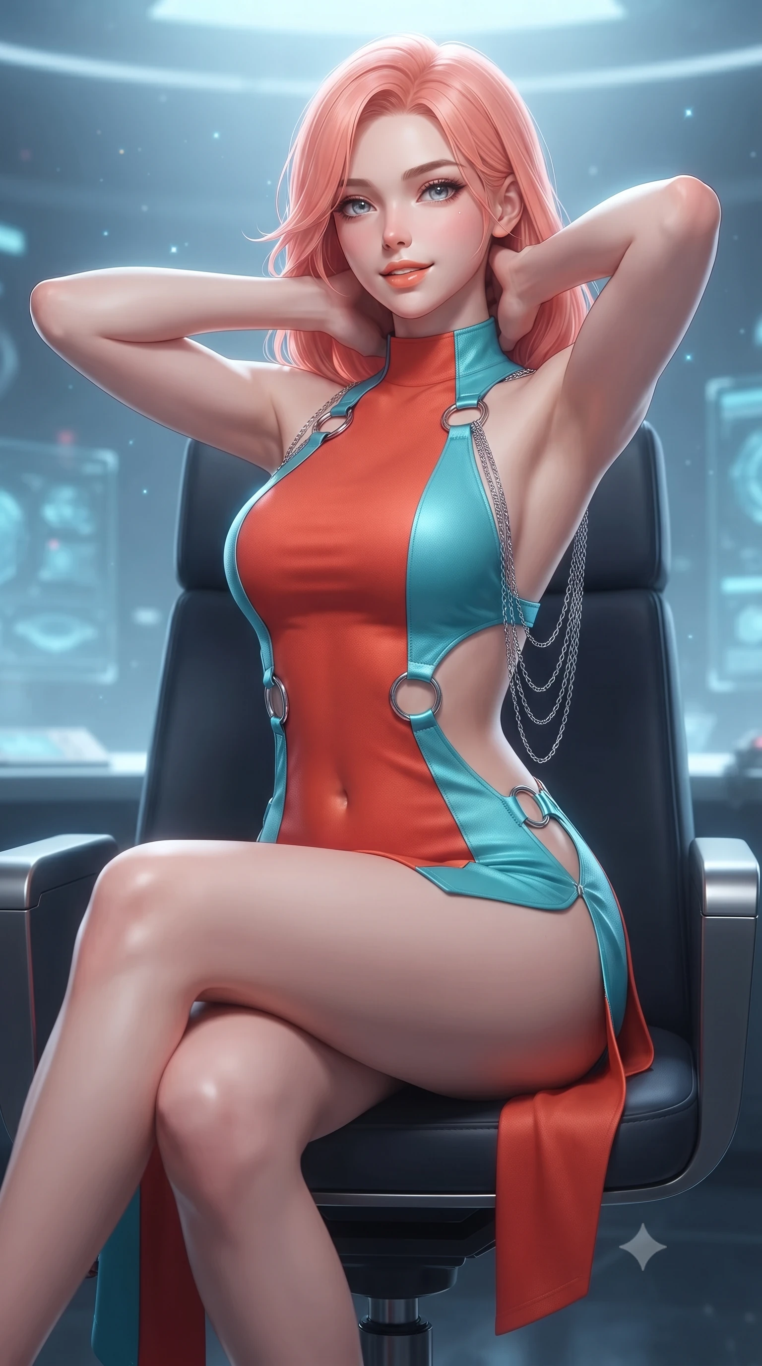 score_9, masterpiece, best quality, ultra-detailed, high-budget anime keyframe, editorial fashion photography, tasteful artistic composition, Japanese woman. close-up cowboy shot from the waist and thighs up, the character dominates the composition, filling the frame with her large presence. resting both hands lightly behind her neck with elbows raised, arching her spine to highlight her narrow waist, flat midriff, and breathtaking collarbones while sitting gracefully on the high-backed admiral chair with legs crossed, flashing an enchanting smile with parted glossy lips as galactic vectors rotate around her. The background shows a soft-focus cool atmospheric particulate glow softened in supreme command war-room shallow focus. She has an exceptionally elegant, slender, and willowy female figure with an ultra-slim waist, flat toned midriff, narrow ribcage, and sculpted feminine hips creating an alluring, slim hourglass silhouette without bulk. sharp v-shaped jawline, high-bridge nose, intricate jewel-like sparkling eyes with depth, thick eyelashes, glossy parted lips with a natural peach sheen, bright cheerful beaming smile with an enchanting and coquettish sensual glint, exuding both youthful cute charm and seductive allure, flawlessly proportioned anatomical accuracy, strict slender model proportions, natural body alignment, perfectly sculpted long slender limbs, ultra-slim waistline, clean dynamic posture without body distortion. wearing a provocative open-waist combat cutout mini dress framed by polished chrome ring hardware and thigh-high slit in cyber-shinto vermilion and laser turquoise, crafted from bespoke double-faced cashmere with an exceptionally soft tactile finish, accented with an open-back drape framed by falling strands of delicate chrome chains, the precision-cut side openings and low-back scoop framing her graceful spine and the sensual sweep of her slim, toned hips. illuminated by polished obsidian dais bounce and sharp starlight-cyan rim lights defining her razor-sharp jawline, narrow waist, and curvy hips. ultra-reflective glossy finish, specular highlights, rich textural contrasts, high-contrast stereoscopic depth, volumetric dynamic lighting, 2k, ultra detail, master piece, 9:16 ratio