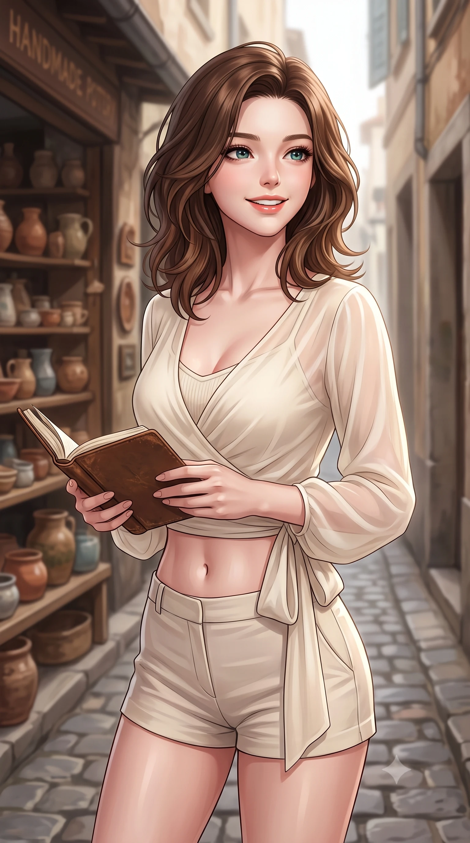 score_9, masterpiece, best quality, ultra-detailed, high-budget anime keyframe, editorial fashion photography, tasteful artistic composition, Korean woman. close-up cowboy shot from the waist and thighs up, the character dominates the composition, filling the frame with her large presence, background elements kept in soft focus. gazing past the camera with a happy, bright expression and a warm smile set against a soft-focus background of in a narrow cobblestone alley next to a cozy handmade pottery shop holding a classic leather notebook bought from the stationery shop. She has an exceptionally elegant, slender, and willowy female figure with an ultra-slim waist, a gracefully sculpted slender torso, and a refined silhouette. sharp v-shaped jawline, high-bridge nose, intricate jewel-like eyes with depth, thick eyelashes, glossy lips with a natural sheen. wearing body-hugging sheer chiffon wrap top in cream, worn over a slim-fit knit bralette and low-cut shorts. soft diffused daylight creating a warm, cozy and nostalgic atmosphere. highly saturated vibrant anime colors, detailed shading with soft gradients, rich glossy textures, high-contrast stereoscopic depth, volumetric dynamic lighting, master piece, 9:16 ratio