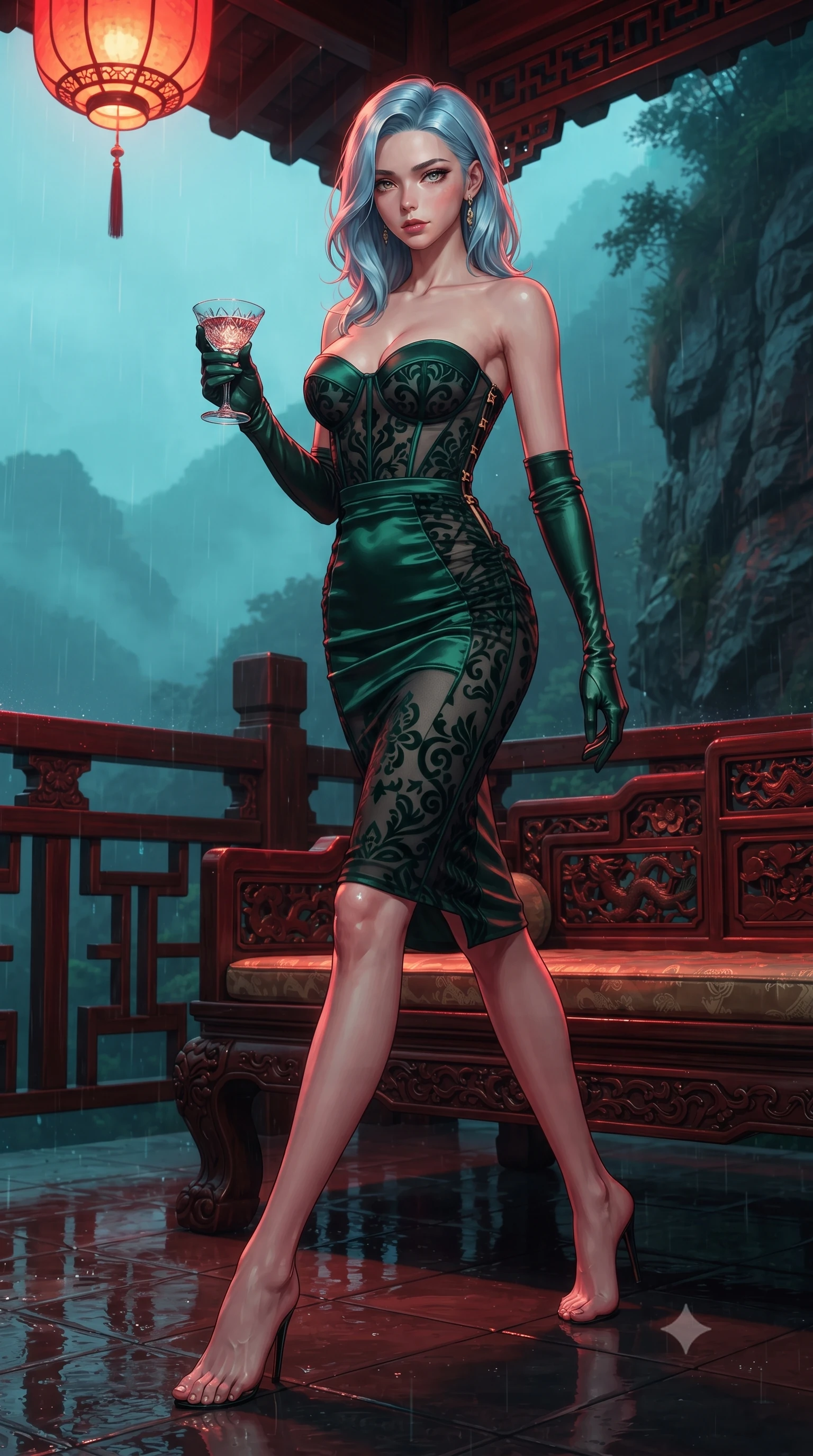score_9, masterpiece, best quality, ultra-detailed, high-budget anime keyframe, editorial fashion photography, tasteful artistic composition, Korean woman. low angle full-body shot from head to toe showing her feet, filling the entire 9:16 vertical frame with her statuesque presence, stretching her vertical silhouette. striding forward in a proud supermodel runway stride, hips swaying in an alluring kinetic rhythm that accentuates her curvy hourglass silhouette while reclining on a lacquered daybed on the high-altitude tea terrace, her long slender legs and curvy hips bathed in warm scarlet lantern glow and cyan rain reflections. The surrounding environment is rendered in vivid detail and crisp panoramic clarity. sharp carved timber balustrade joints, wet lacquered floor reflections, and mountain cliffside rock texture in deep focus. She has an exceptionally tall and slender model-like 8.5-heads proportion, an ultra-slim waist, a flat toned midriff, narrow delicate ribcage, and beautifully sculpted feminine hips creating a graceful, slim hourglass silhouette without any bulky heaviness, with impossibly long slender legs. sharp v-shaped jawline, high-bridge nose, intricate jewel-like eyes with depth, thick eyelashes, glossy parted lips with a natural sheen, intensely captivating and seductive bedroom-eyes expression, flawlessly proportioned anatomical accuracy, strict slender model proportions, natural body alignment, perfectly sculpted long slender limbs, ultra-slim waistline, clean dynamic posture without body distortion. wearing an ultra-fitted strapless bustier midi dress with side hip ruching and exposed spine in deep emerald green satin and gold hardware, made of sheer contouring power-mesh with velvet flocking patterns, accessorized with opera-length satin gloves and a vintage crystal glass, the second-skin form-contouring cut accentuating her sculpted flat midriff, narrow delicate ribcage, and gracefully curvy hips with supermodel precision. bathed in rich crimson and amber lantern underlights contrasting with cool cyan mountain mist ambient fill. ultra-reflective glossy finish, specular highlights, rich textural contrasts, high-contrast stereoscopic depth, volumetric dynamic lighting, 2k, ultra detail, master piece, 9:16 ratio