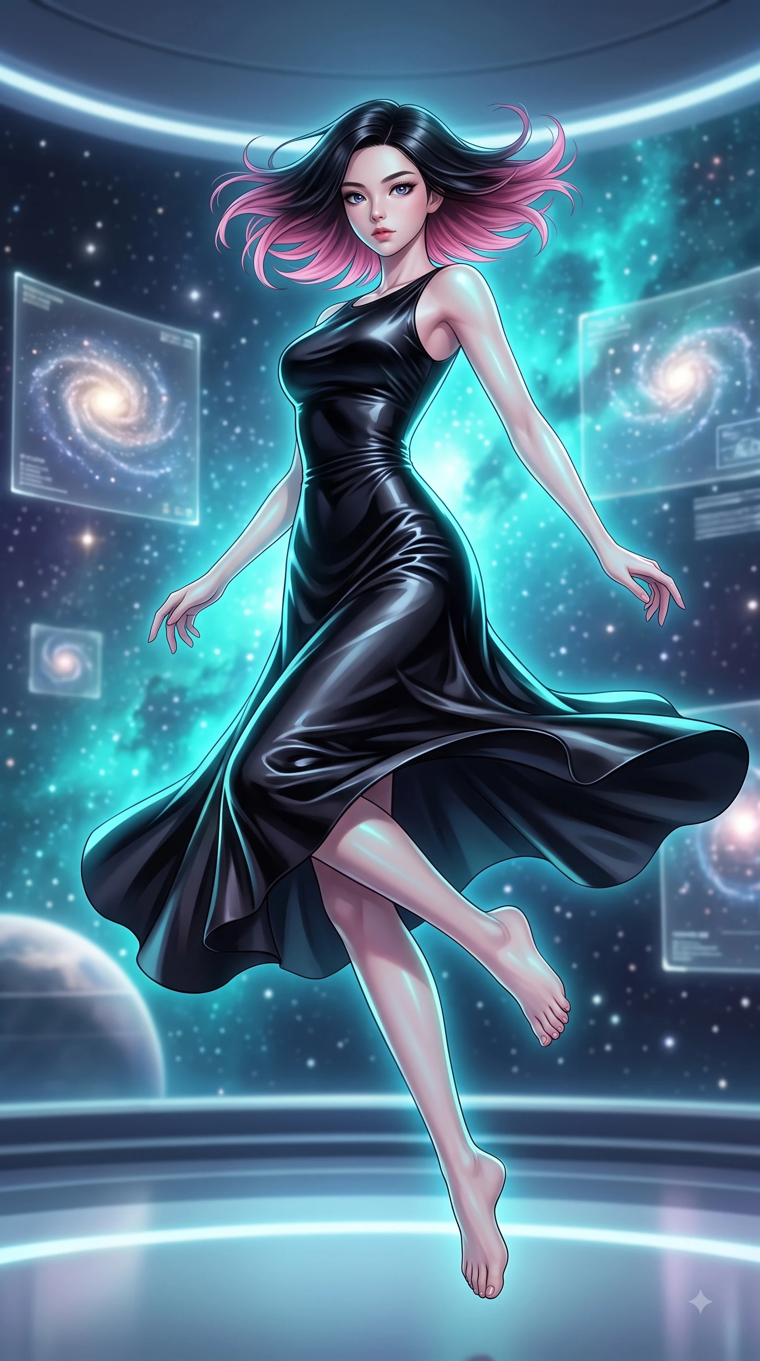 score_9, masterpiece, best quality, ultra-detailed, high-budget anime keyframe, editorial fashion photography, tasteful artistic composition, Korean woman woman. low angle full-body shot from head to toe showing her feet, filling the entire 9:16 vertical frame with her statuesque presence, stretching her vertical silhouette. She has an absolutely perfect, statuesque 8.5-heads proportion, an exceptionally tall and slender model-like female figure with impossibly long slender legs and an ultra-slim waist. leaping inside the glowing space with athletic poise, her hair swirling in a dynamic wind vortex, flawlessly proportioned anatomical accuracy, natural body alignment, perfectly sculpted elegant limbs, clean dynamic posture without body distortion. set against a soft-focus background of a panoramic star observatory deck with floating galaxy maps. wearing a sleek obsidian liquid silk midi dress with a tight tailored waistline. bathed in starlight and cosmic turquoise nebula glow wrapping her athletic build. highly saturated vibrant anime colors, detailed shading with soft gradients, rich glossy textures, high-contrast stereoscopic depth, volumetric dynamic lighting, master piece, 9:16 ratio