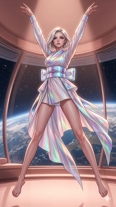 score_9, masterpiece, best quality, ultra-detailed, high-budget anime keyframe, editorial fashion photography, tasteful artistic composition, Caucasian woman, strictly human ears. low angle full-body shot from head to toe showing her feet, filling th