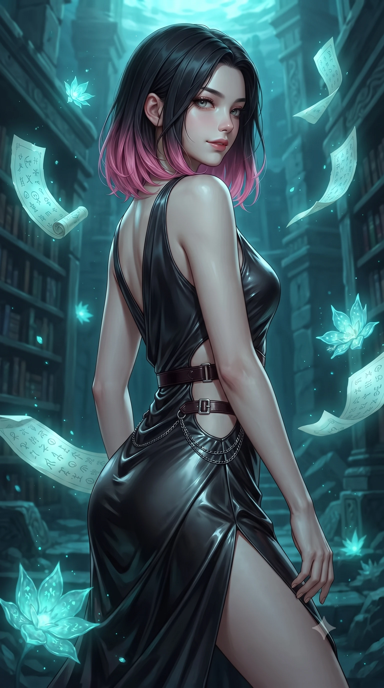 score_9, masterpiece, best quality, ultra-detailed, high-budget anime keyframe, editorial fashion photography, tasteful artistic composition, Korean woman. close-up cowboy shot from the waist and thighs up, the character dominates the composition, filling the frame with her large presence, background elements kept in soft focus. Glancing sidelong over her shoulder with a smoldering, enigmatic half-smile, navigating a submerged ancient dark library with floating glowing sea scrolls, glowing sea crystal blossoms casting eerie aqua glow. She has an exceptionally elegant, slender, and willowy female figure with an ultra-slim waist, a gracefully sculpted slender torso, and a refined silhouette. sharp v-shaped jawline, high-bridge nose, intricate jewel-like eyes with depth, thick eyelashes, glossy lips with a natural sheen. wearing draped obsidian silk gown featuring tasteful waist slit cutouts in dark mahogany, made of polished black leather, framed by dark titanium buckles and silver chain details, sculpting her athletic slender build with refined precision. surrounded by an eerie underwater aura with sharp pearl rim highlights. ultra-reflective glossy finish, specular highlights, metallic sheen, high-contrast stereoscopic depth, volumetric dynamic lighting, 2k, ultra detail, master piece, 9:16 ratio