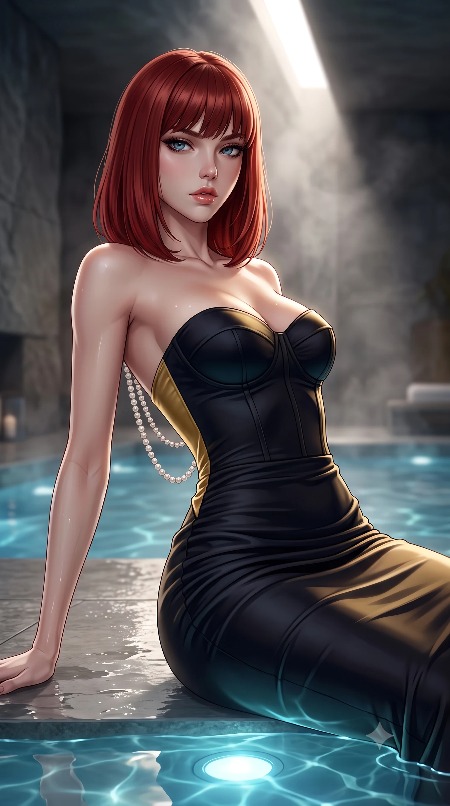 score_9, masterpiece, best quality, ultra-detailed, high-budget anime keyframe, semi-realistic 3D game render, editorial fashion photography, tasteful artistic composition, Caucasian woman. close-up cowboy shot from the waist and thighs up, the character dominates the composition, filling the frame with her large presence. leaning back with relaxed seductive grace, her sculpted collarbones and narrow waist highlighted as she casts smoldering bedroom-eyes directly into the camera while standing poised on the wet quartzite floor beside a narrow ceiling light slit, turning in an alluring silhouette as dramatic sunlight cuts through steam. The composition keeps background elements in soft focus with creamy bokeh. submerged water caustics and monolithic stone wall textures softened in monumental minimalist shallow focus. She has an exceptionally elegant, slender, and willowy female figure with an ultra-slim waist, flat toned midriff, narrow ribcage, and sculpted feminine hips creating an alluring, slim hourglass silhouette without bulk. sharp v-shaped jawline, high-bridge nose, intricate jewel-like eyes with depth, thick eyelashes, glossy parted lips with a natural sheen, intensely captivating and seductive bedroom-eyes expression, flawlessly proportioned anatomical accuracy, strict slender model proportions, natural body alignment, perfectly sculpted long slender limbs, ultra-slim waistline, clean dynamic posture without body distortion. wearing an ultra-fitted strapless bustier midi dress with side hip ruching and exposed spine in midnight obsidian black and liquid gold, made of fluid silk crepe with delicate inner corsetry boning, accented with a multi-strand pearl back necklace cascading down her bare spine to her hips, the liquid-tight tailored fabric clinging flawlessly to her narrow waist and rounded feminine hips, emphasizing every millimeter of her sculpted slim hourglass curves without any bulky heaviness. illuminated by shimmering submerged pool lights softly contouring her razor-sharp jawline, narrow waist, and curvy hips. highly saturated vibrant anime colors, detailed shading with soft gradients, rich glossy textures, high-contrast stereoscopic depth, volumetric dynamic lighting, master piece, 9:16 ratio