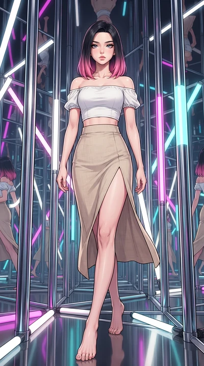 score_9, masterpiece, best quality, ultra-detailed, high-budget anime keyframe, gorgeous anime illustration, with clean line-art and distinct ink outlines, Korean woman. low angle full-body shot from head to toe showing her feet, filling the entire 9