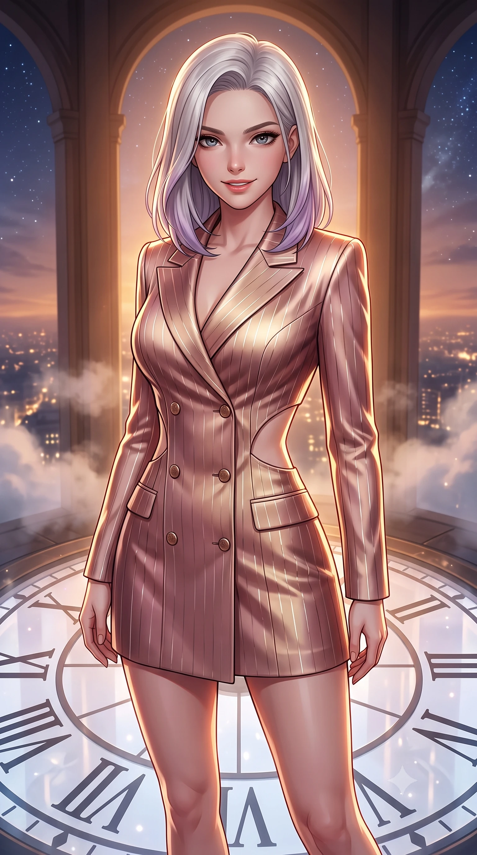score_9, masterpiece, best quality, ultra-detailed, high-budget anime keyframe, editorial fashion photography, tasteful artistic composition, Caucasian woman. close-up cowboy shot from the waist and thighs up, the character dominates the composition, filling the frame with her large presence, background elements kept in soft focus. Smiling with quiet, magnetic self-assurance directly into the lens standing atop a giant translucent Roman numeral clock dial in a high tower, distant starlight and city lights twinkling through steam clouds. She has an exceptionally elegant, slender, and willowy female figure with an ultra-slim waist, a gracefully sculpted slender torso, and a refined silhouette. sharp v-shaped jawline, high-bridge nose, intricate jewel-like eyes with depth, thick eyelashes, glossy lips with a natural sheen. wearing a double-breasted blazer dress with metallic pin-stripes in dusty rose and champagne gold, crafted from lustrous satin jersey with fluid draping, featuring clean architectural cutouts along her slender torso, the tailored fabric tightly following every curve of her athletic build. bathed in warm twilight amber backlighting and rich metallic specular glow. highly saturated vibrant anime colors, detailed shading with soft gradients, rich glossy textures, high-contrast stereoscopic depth, volumetric dynamic lighting, master piece, 9:16 ratio