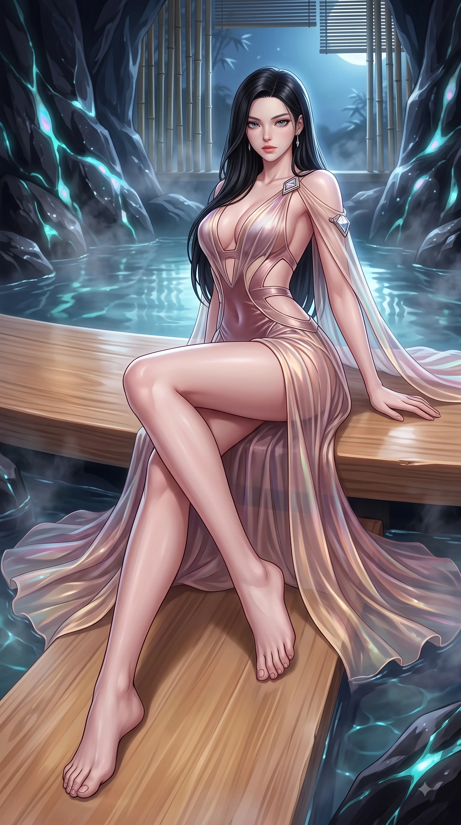 score_9, masterpiece, best quality, ultra-detailed, high-budget anime keyframe, editorial fashion photography, tasteful artistic composition, Korean woman. low angle full-body shot from head to toe showing her feet, filling the entire 9:16 vertical frame with her statuesque presence, stretching her vertical silhouette. forging dynamically through the scene with her long slender legs and ultra-slim waist creating a sweeping curve while lounging on a smooth hinoki wood platform in a moonlit hot spring surrounded by bamboo screens, bioluminescent opal veins pulsing softly in the subterranean obsidian walls. She has an absolutely perfect, statuesque 8.5-heads proportion, an exceptionally tall and slender model-like female figure with impossibly long slender legs and an ultra-slim waist. sharp v-shaped jawline, high-bridge nose, intricate jewel-like eyes with depth, thick eyelashes, glossy lips with a natural sheen, flawlessly proportioned anatomical accuracy, natural body alignment, perfectly sculpted elegant limbs, clean dynamic posture without body distortion. wearing a translucent iridescent chiffon gown with a plunging neckline and open back in dusty rose and champagne gold, made of premium stretch velvet with a rich sheen, featuring clean architectural cutouts along her slender torso, the sleek second-skin texture accentuating her magnetic presence. surrounded by a tranquil, spa-like aura with bright specular rim lights. highly saturated vibrant anime colors, detailed shading with soft gradients, rich glossy textures, high-contrast stereoscopic depth, volumetric dynamic lighting, master piece, 9:16 ratio
