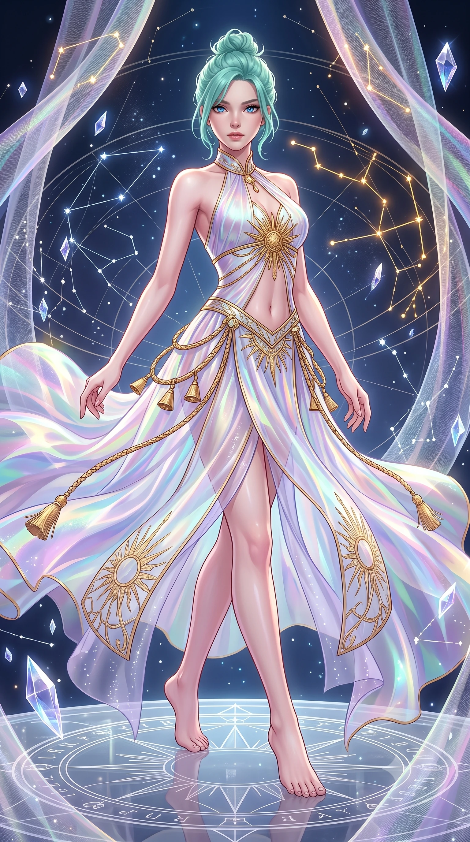 score_9, masterpiece, best quality, ultra-detailed, high-budget anime keyframe, semi-realistic 3D game render, editorial fashion photography, tasteful artistic composition, Japanese woman. low angle full-body shot from head to toe showing her feet, filling the entire 9:16 vertical frame with her statuesque presence, stretching her vertical silhouette. stepping forward gracefully in mid-motion, displaying her toned flat midriff and flawlessly sculpted slender limbs while executing a slow zero-gravity spiral turn as iridescent organza drapes swirl around her statuesque silhouette. The surrounding environment is rendered in vivid detail and crisp panoramic clarity. intricate constellation line engravings, transparent silk fabric weaves, and floating crystal facets in deep focus. She has an absolutely perfect, statuesque 8.5-heads proportion, an exceptionally tall and slender model-like female figure with impossibly long slender legs, a toned flat midriff, and an ultra-slim waist. sharp v-shaped jawline, high-bridge nose, intricate jewel-like eyes with depth, thick eyelashes, glossy lips with a natural sheen, captivating and magnetic expression, flawlessly proportioned anatomical accuracy, strict slender model proportions, natural body alignment, perfectly sculpted long slender limbs, ultra-slim waistline, clean dynamic posture without body distortion. wearing a celestial priestess halter gown with golden sunburst embroidery and sheer leg veils in moonlit silver and lavender mist, crafted from weightless prism organza that refracts light with every motion, accessorized with delicate gold bell tassels and braided silk cords, the liquid-tight tailored fabric emphasizing every curve of her tall, slender model proportions and sculptured silhouette during dynamic movement. bathed in multidirectional celestial starlight and warm golden constellation backlighting. highly saturated vibrant anime colors, detailed shading with soft gradients, rich glossy textures, high-contrast stereoscopic depth, volumetric dynamic lighting, master piece, 9:16 ratio