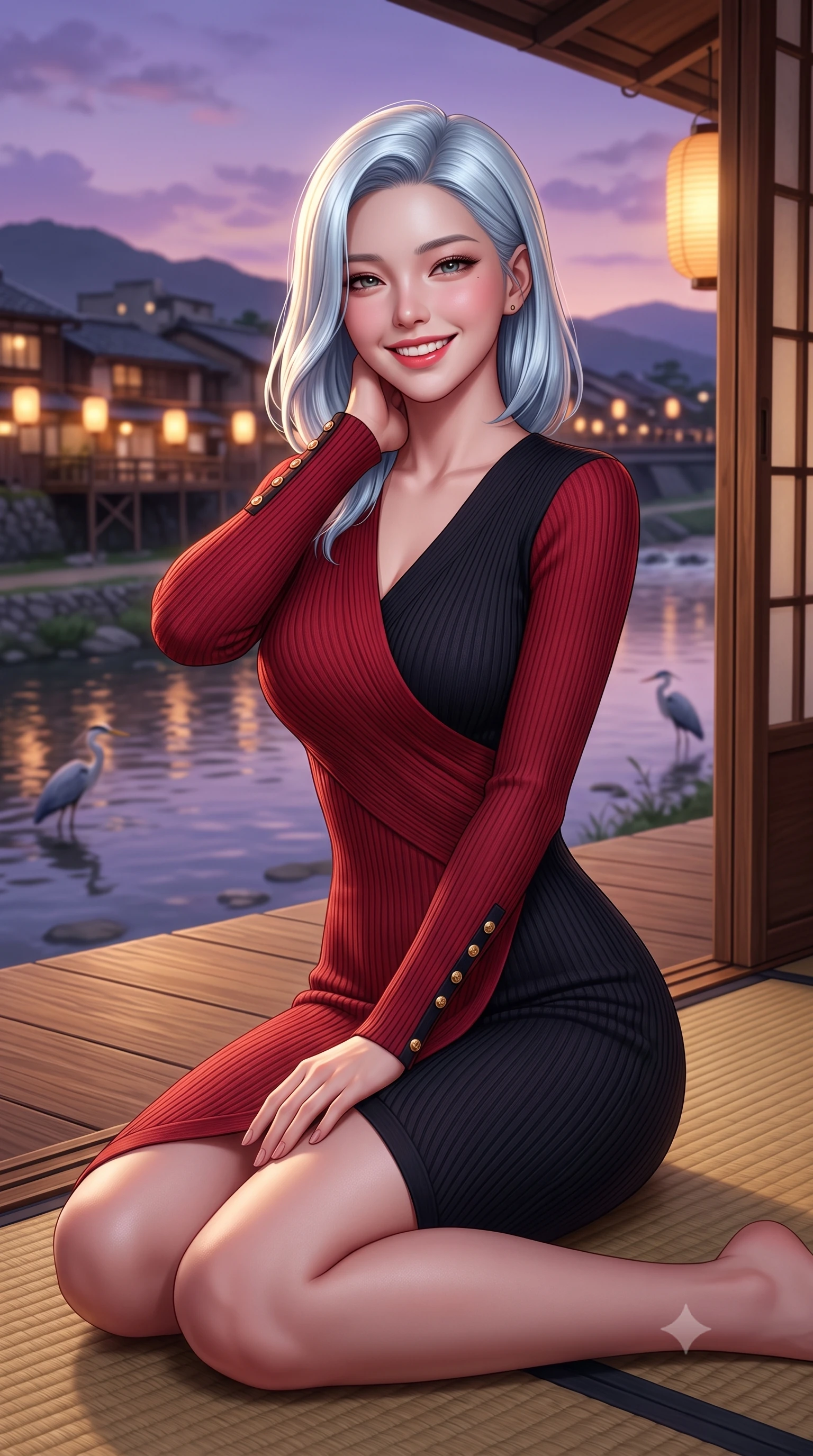 score_9, masterpiece, best quality, ultra-detailed, high-budget anime keyframe, semi-realistic 3D game render, editorial fashion photography, tasteful artistic composition, Korean woman. close-up cowboy shot from the waist and thighs up, the character dominates the composition, filling the frame with her large presence. resting one hand lightly behind her neck, arching her back with supermodel poise while beaming with an infectious radiant smile while sitting gracefully on a tatami mat at the open veranda edge, watching herons wade in the Kamogawa river with tranquil charm. The background shows a soft-focus warm paper lanterns along Gion alleyways softened in romantic Kyoto dusk shallow focus. She has an exceptionally elegant, slender, and willowy female figure with an ultra-slim waist, flat toned midriff, narrow ribcage, and sculpted feminine hips creating an alluring, slim hourglass silhouette without bulk. sharp v-shaped jawline, high-bridge nose, intricate jewel-like sparkling eyes with depth, thick eyelashes, glossy parted lips with a natural peach sheen, bright cheerful beaming smile with an enchanting and coquettish sensual glint, exuding both youthful cute charm and seductive allure, flawlessly proportioned anatomical accuracy, strict slender model proportions, natural body alignment, perfectly sculpted long slender limbs, ultra-slim waistline, clean dynamic posture without body distortion. wearing a body-hugging asymmetrical-wrap ribbed knit midi dress with fluid stretch fabric tracing her curvaceous hips in Kyoto autumn maple crimson and deep ink black, tailored from premium double-knit ponte with sleek sculpting hold and smooth contours, accented with delicate gold button studs trailing down the snug sleeve cuffs, the second-skin tailored fabric adhering flawlessly to her sculpted flat midriff and slender torso, emphasizing her long leg lines and perfectly proportioned willowy build. bathed in the soft purple-gold twilight glow of autumn sunset over the Higashiyama mountains mixed with warm paper lantern lights. highly saturated vibrant anime colors, detailed shading with soft gradients, rich glossy textures, high-contrast stereoscopic depth, volumetric dynamic lighting, master piece, 9:16 ratio
