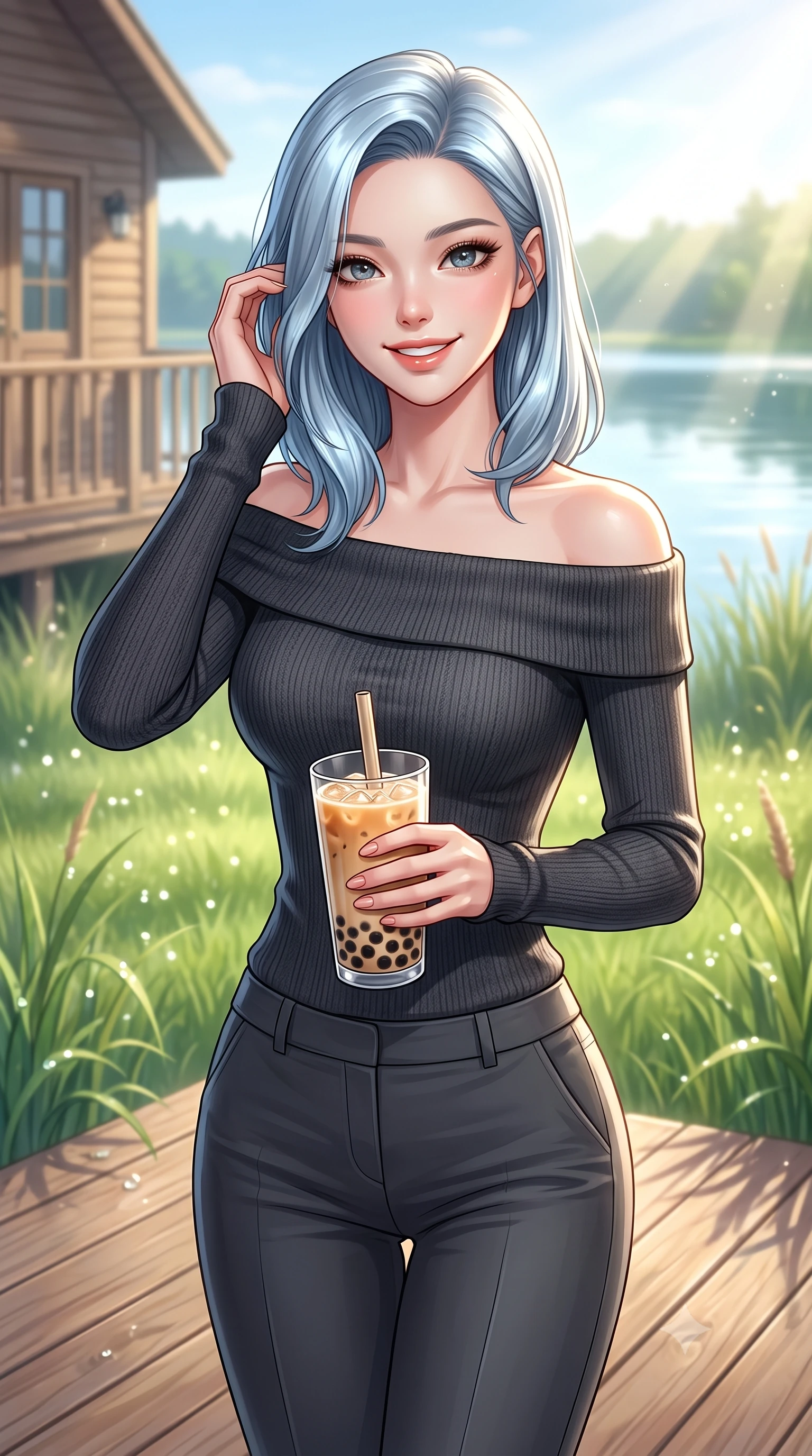 score_9, masterpiece, best quality, ultra-detailed, high-budget anime keyframe, editorial fashion photography, tasteful artistic composition, Korean woman. close-up cowboy shot from the waist and thighs up, the character dominates the composition, filling the frame with her large presence, background elements kept in soft focus. smiling cutely while gently brushing a strand of hair behind her ear set against a soft-focus background of on a wooden deck of a lakeside cottage surrounded by beachgrass holding a glass of iced bubble tea with a cheerful expression. She has an exceptionally elegant, slender, and willowy female figure with an ultra-slim waist, a gracefully sculpted slender torso, and a refined silhouette. sharp v-shaped jawline, high-bridge nose, intricate jewel-like eyes with depth, thick eyelashes, glossy lips with a natural sheen. wearing tailored body-hugging off-shoulder knit top in charcoal, paired with tailored slim pants. bright morning sun rays creating fresh dewdrop reflections on the grass. highly saturated vibrant anime colors, detailed shading with soft gradients, rich glossy textures, high-contrast stereoscopic depth, volumetric dynamic lighting, master piece, 9:16 ratio