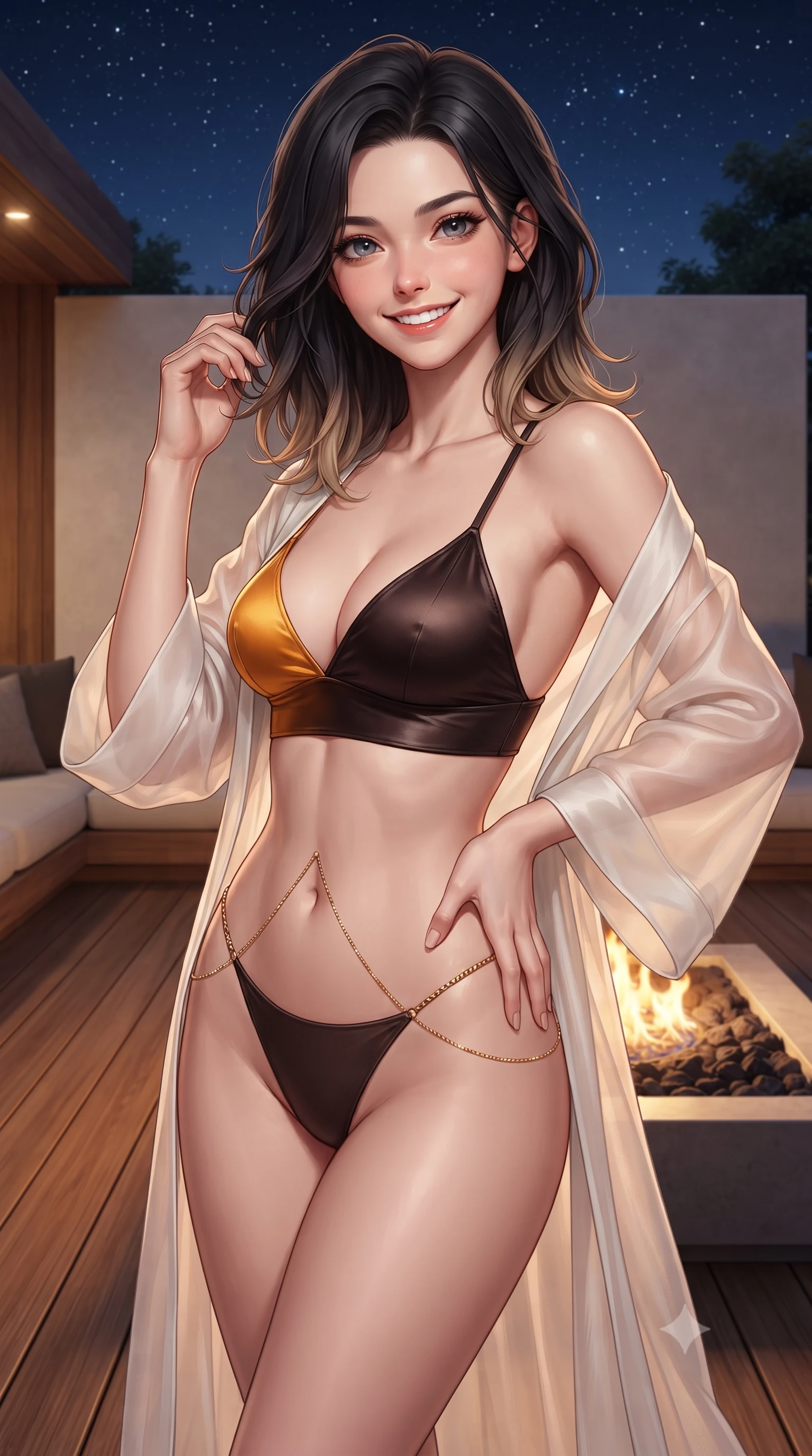 score_9, masterpiece, best quality, ultra-detailed, high-budget anime keyframe, editorial fashion photography, tasteful artistic composition, Korean woman. close-up cowboy shot from the waist and thighs up, the character dominates the composition, filling the frame with her large presence. twisting her slender torso in an alluring contrapposto stance, one hand resting on her sculpted hip while her fingers toy with her hair with effortless poise while standing poised on the teak deck beside the sunken gas fire pit, arching her lower back as dancing flame ribbons caress her silhouette. The surrounding environment is rendered in vivid detail and crisp panoramic clarity: sharp natural teak decking grain, volcanic basalt fire pit stones, and smooth stucco cabana walls in deep focus. She has an exceptionally elegant, slender, and willowy female figure with an ultra-slim waist, flat toned midriff, narrow ribcage, and sculpted feminine hips creating an alluring, slim hourglass silhouette without bulk. sharp v-shaped jawline, high-bridge nose, intricate jewel-like sparkling eyes with depth, thick eyelashes, glossy parted lips with a natural peach sheen, bright cheerful beaming smile with an enchanting and coquettish sensual glint, exuding both youthful cute charm and seductive allure, flawlessly proportioned anatomical accuracy, strict slender model proportions, natural body alignment, perfectly sculpted long slender limbs, ultra-slim waistline, clean dynamic posture without body distortion. wearing a flowing gossamer silk organza boudoir peignoir slipping off one shoulder over a form-fitting satin bralette in Hannam-dong glowing amber and rich dark espresso, woven from buttery-soft stretch lambskin leather adhering to her body like a second skin, accented with a dainty gold belly chain resting across her flat midriff and curving hips, the liquid-tight tailored fabric clinging flawlessly to her narrow waist and rounded feminine hips, emphasizing every millimeter of her sculpted slim hourglass curves without any bulky heaviness. bathed in the warm radiant 2200K hearth glow of the dancing outdoor fire pit contrasted with cool starlight. ultra-reflective glossy finish, specular highlights, rich textural contrasts, high-contrast stereoscopic depth, volumetric dynamic lighting, 2k, ultra detail, master piece, 9:16 ratio