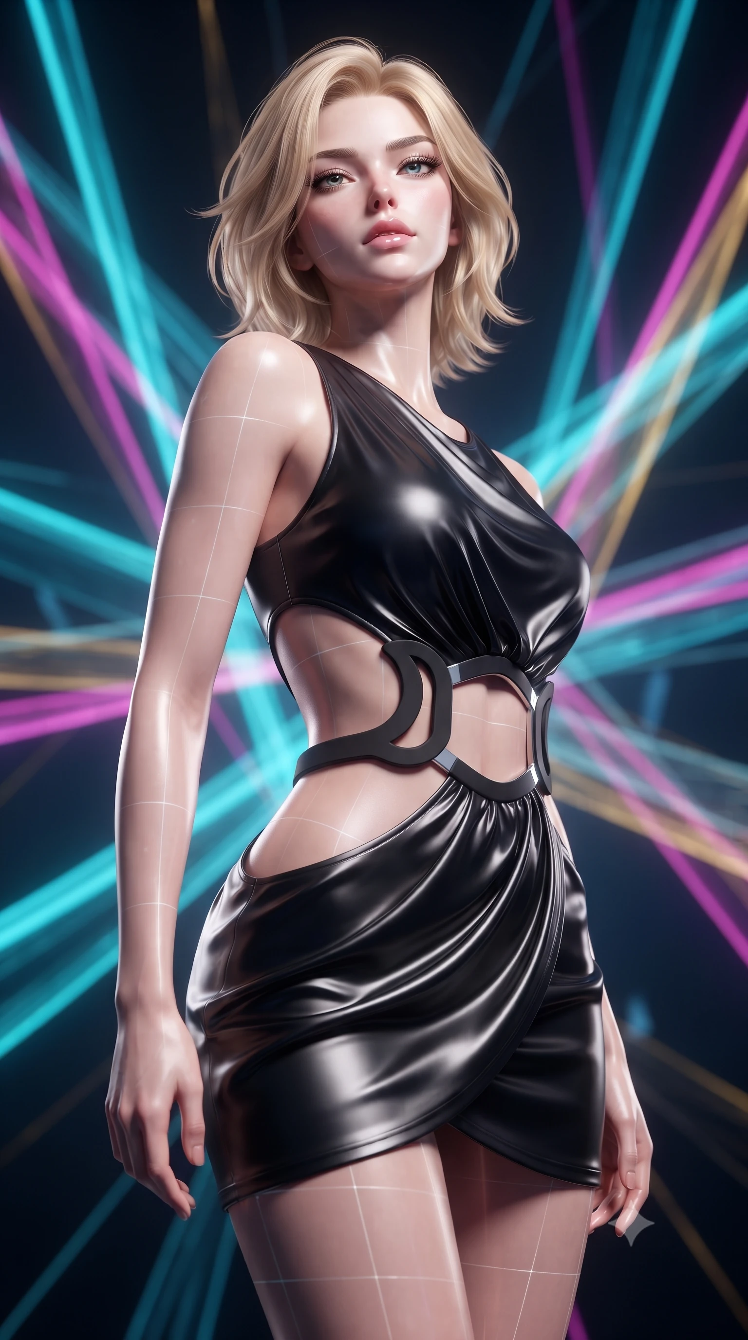score_9, masterpiece, best quality, ultra-detailed, high-budget anime keyframe, editorial fashion photography, tasteful artistic composition, Caucasian woman. close-up cowboy shot from the waist and thighs up, the character dominates the composition, filling the frame with her large presence, background elements kept in soft focus. Tilting her chin up with an air of effortless superiority while balancing dynamically amidst the scene while pivoting her torso in an S-curve alignment inside a 3D fiber-optic loom void, fluorescent cyan, magenta, and gold plasma ribbons crossing in 3D space. She has an exceptionally elegant, slender, and willowy female figure with an ultra-slim waist, a gracefully sculpted slender torso, and a refined silhouette. sharp v-shaped jawline, high-bridge nose, intricate jewel-like eyes with depth, thick eyelashes, glossy lips with a natural sheen, flawlessly proportioned anatomical accuracy, natural body alignment, perfectly sculpted elegant limbs, clean dynamic posture without body distortion. wearing a dramatic open-waist cutout mini dress framed by sculptural hardware in matte black and polished silver, crafted from lustrous satin jersey with fluid draping, featuring subtle geometric cutouts that highlight her ultra-slim midriff, the elegant draped fit framing her graceful clavicle and slender torso. bathed in sharp geometric laser grid highlights and soft ambient fill. ultra-reflective glossy finish, specular highlights, metallic sheen, high-contrast stereoscopic depth, volumetric dynamic lighting, 2k, ultra detail, master piece, 9:16 ratio