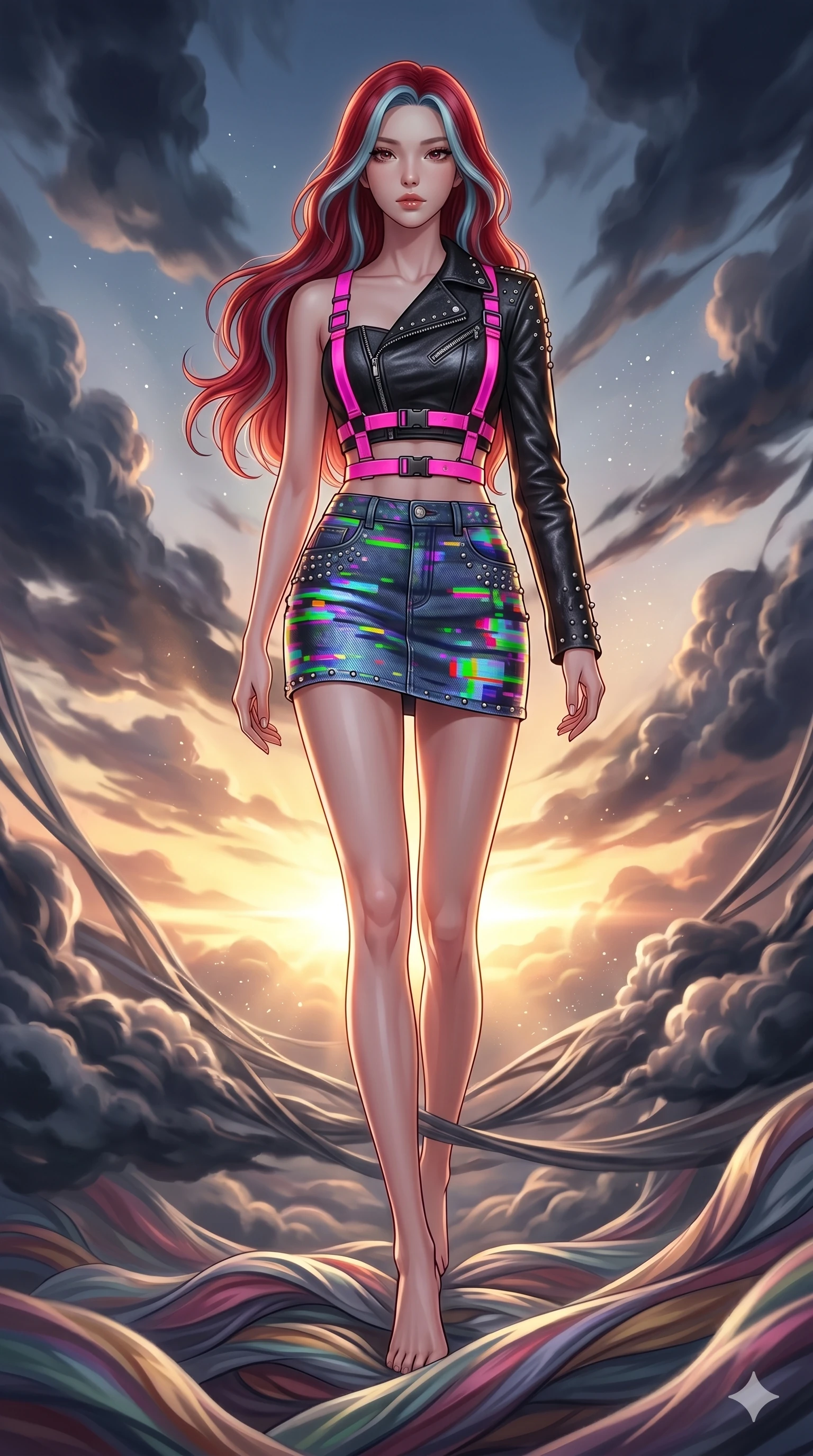 score_9, masterpiece, best quality, ultra-detailed, high-budget anime keyframe, Korean woman. low angle full-body shot filling the entire 9:16 frame with her statuesque presence, stretching the vertical silhouette. threading through a volumetric cloud weave where storm clouds are spun like silk thread under a dramatic sunset glow. She has an absolutely perfect 8-heads proportion, an exceptionally tall and slender female figure with impossibly long slender legs and an ultra-slim waist. V-shaped jawline, high-bridge nose, intricate jewel-like eyes with depth, thick eyelashes, glossy lips with a natural sheen.. wearing a glitch denim and studded leather outfit, featuring an RGB glitch pattern denim micro-skirt, a single-sleeve cropped leather jacket, and neon pink harness straps. illuminated by dramatic chiaroscuro casting soft shadows along her curves, with vibrant backlighting highlighting the dust particles. 2k, ultra detail, master piece, 9:16 ratio