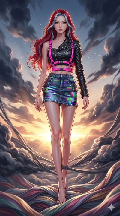 score_9, masterpiece, best quality, ultra-detailed, high-budget anime keyframe, Korean woman. low angle full-body shot filling the entire 9:16 frame with her statuesque presence, stretching the vertical silhouette. threading through a volumetric clou