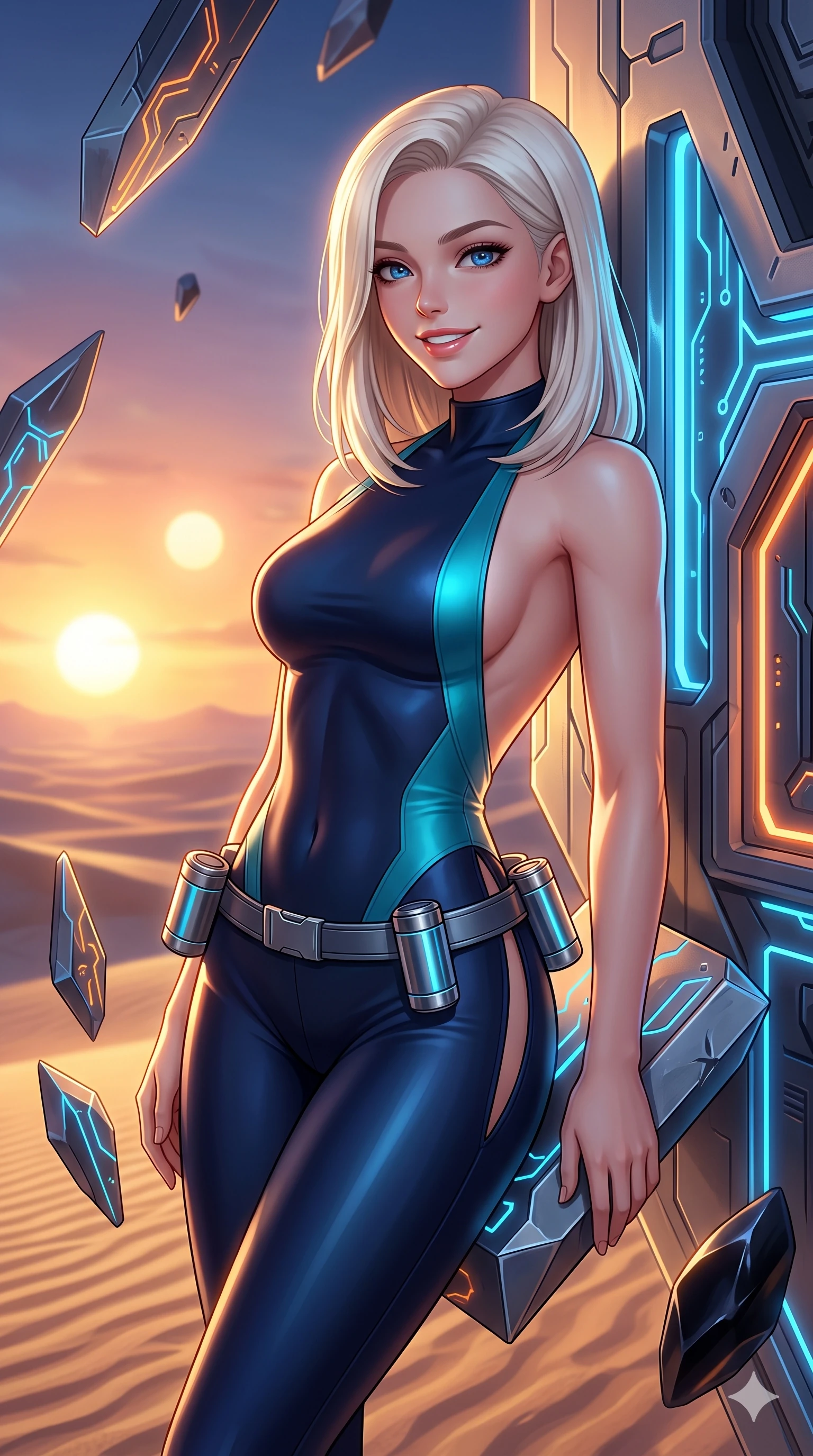 score_9, masterpiece, best quality, ultra-detailed, high-budget anime keyframe, semi-realistic 3D game render, editorial fashion photography, tasteful artistic composition, Caucasian woman. close-up cowboy shot from the waist and thighs up, the character dominates the composition, filling the frame with her large presence. leaning back against the glowing maintenance bulkhead with relaxed seductive grace, her flat midriff and narrow waist highlighted as laser ambient light traces her curves while leaning against a floating geometric metal shard with hips cocked back, casting an alluring bedroom-gaze over the twin-sun sunset. The surrounding environment is rendered in vivid detail and crisp panoramic clarity: sharp alien circuit engravings on polished obsidian stone, sand ripple textures, and metal shard bevels in deep focus. She has an exceptionally elegant, slender, and willowy female figure with an ultra-slim waist, flat toned midriff, narrow ribcage, and sculpted feminine hips creating an alluring, slim hourglass silhouette without bulk. sharp v-shaped jawline, high-bridge nose, intricate jewel-like sparkling eyes with depth, thick eyelashes, glossy parted lips with a natural sheen, bright confident smile with an enchanting and coquettish sensual glint, exuding both youthful magnetic charm and sovereign high-tech allure, flawlessly proportioned anatomical accuracy, strict slender model proportions, natural body alignment, perfectly sculpted long slender limbs, ultra-slim waistline, clean dynamic posture without body distortion. wearing an alluring backless liquid titanium halterneck jumpsuit with deep scoop back down to her lower spine and hip ventilation slits in deep space navy and laser turquoise, made of flexible bullet-resistant ballistic microfiber with high-tensile strength, accented with a sleek utility belt with polished magnetic canisters resting loosely on her curvy hips, the bespoke structured tailoring following the natural line of her 8.5-heads silhouette with refined elegance. illuminated by glowing monolith circuit veins and sharp golden-amber rim lights sculpting her razor-sharp jawline, narrow waist, and curvy hips. highly saturated vibrant anime colors, detailed shading with soft gradients, rich glossy textures, high-contrast stereoscopic depth, volumetric dynamic lighting, master piece, 9:16 ratio