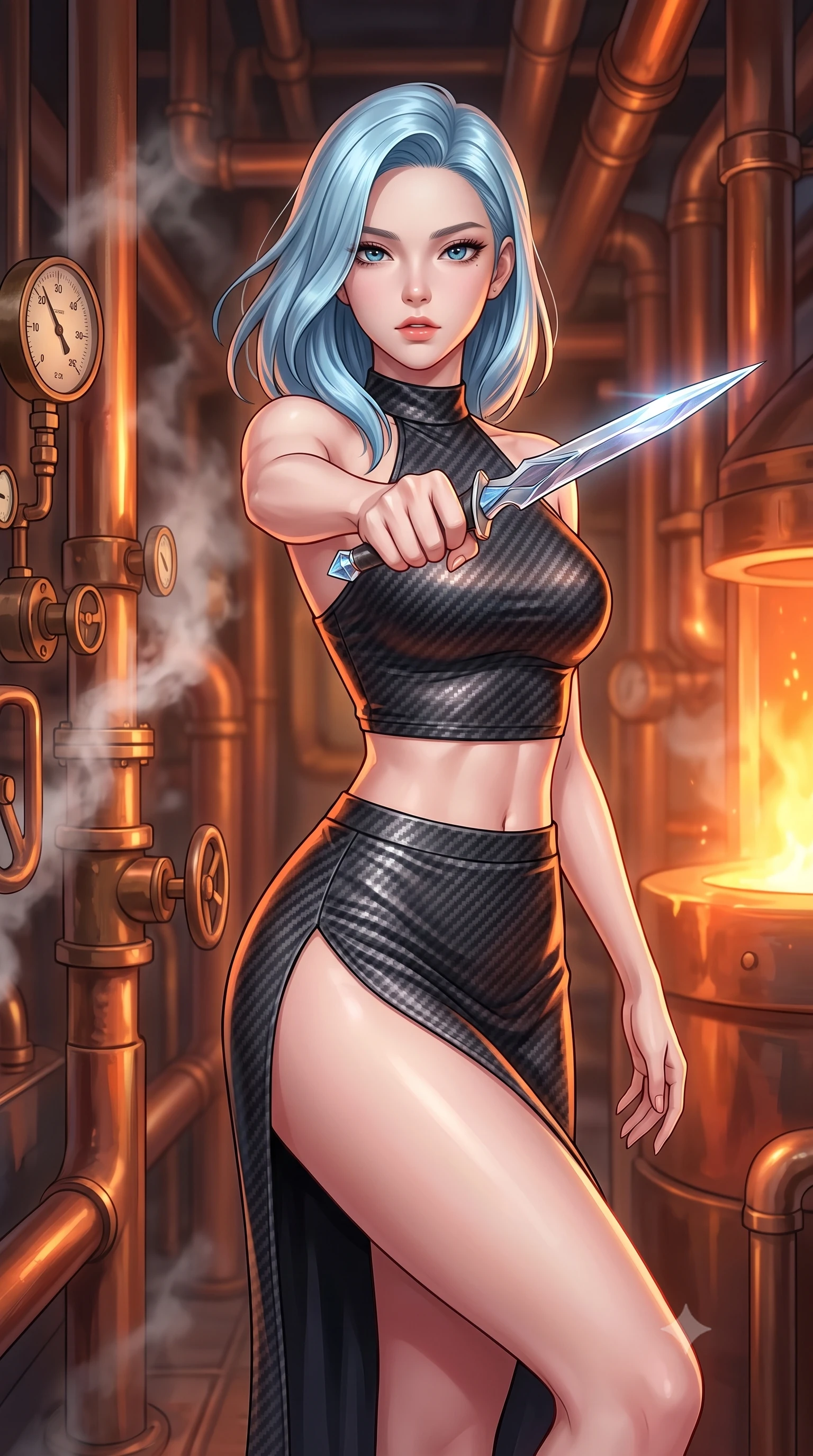 score_9, masterpiece, best quality, ultra-detailed, high-budget anime keyframe, editorial fashion photography, tasteful artistic composition, Korean woman. close-up cowboy shot from the waist and thighs up, the character dominates the composition, filling the frame with her large presence, background elements kept in soft focus. pointing a crystal-edged laser dagger forward in a defensive stance, tilting her chin up slightly with lips parted in a composed pose, the background shows a soft-focus a copper pipe foundry corridor filled with vintage pressure gauges and steam. She has an exceptionally elegant, slender, and willowy female figure with an ultra-slim waist, a gracefully sculpted slender torso, and a refined silhouette. sharp v-shaped jawline, high-bridge nose, intricate jewel-like eyes with depth, thick eyelashes, glossy lips with a natural sheen. wearing a slim-fit carbon-fiber halter-neck crop top paired with a matching high-slit midi skirt, revealing her slim waist. warm orange glow of a melting furnace reflecting off copper and bronze walls. highly saturated vibrant anime colors, detailed shading with soft gradients, rich glossy textures, high-contrast stereoscopic depth, volumetric dynamic lighting, master piece, 9:16 ratio