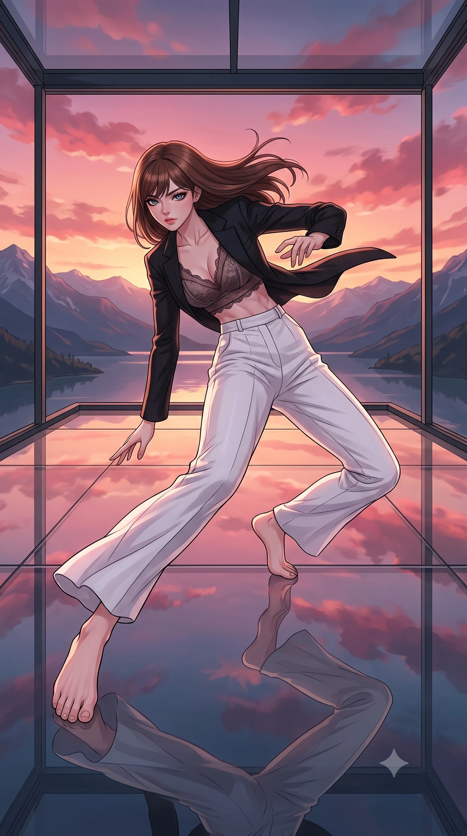 score_9, masterpiece, best quality, ultra-detailed, high-budget anime keyframe, clean line-art, cel-shading, Korean woman. low angle full-body shot from head to toe showing her feet, filling the entire 9:16 vertical frame with her statuesque presence, stretching her vertical silhouette. skidding across a slick reflective surface in a low combat stance through a glass pavilion hovering over a mountain lake at sunset, the floor reflecting the pink sunset clouds. She has a statuesque 8.5-heads proportion, an exceptionally tall, slender and willowy model-like build with impossibly long legs and a highly sculpted ultra-slim waist. sharp v-shaped jawline, high-bridge nose, intricate jewel-like eyes with depth, thick eyelashes, glossy lips with a natural sheen. wearing the lightweight fabric rippling and billowing dramatically with her movement, a body-hugging black blazer layered over a sheer lace crop top and high-waisted white wide-leg trousers. soft glowing ambient light with sharp side key light tracing the sleek contours of her figure. highly saturated vibrant anime colors, intense vivid color palette, volumetric dynamic lighting, 2k, ultra detail, master piece, 9:16 ratio