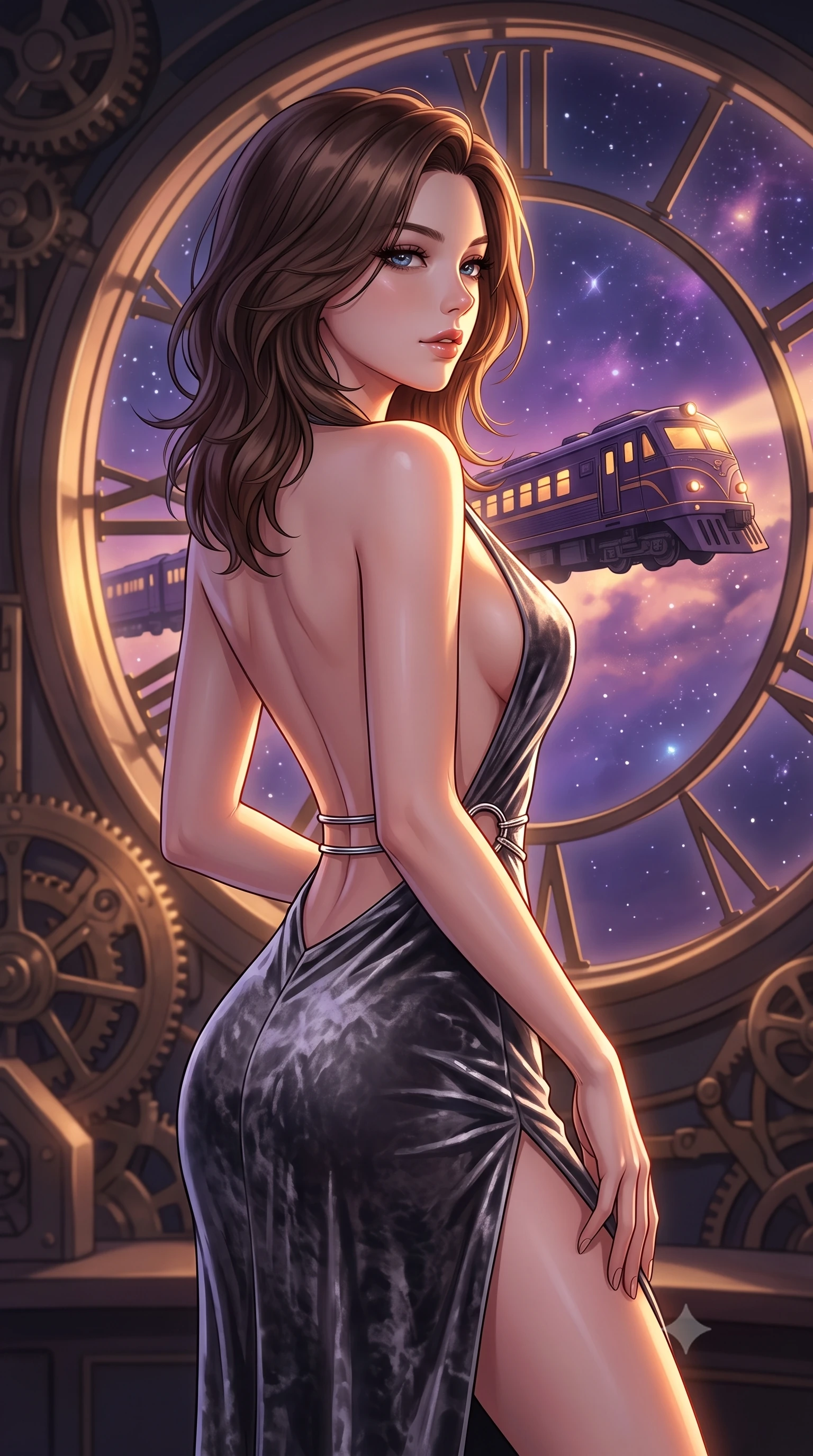 score_9, masterpiece, best quality, ultra-detailed, high-budget anime keyframe, editorial fashion photography, tasteful artistic composition, Korean woman. close-up cowboy shot from the waist and thighs up, the character dominates the composition, filling the frame with her large presence, background elements kept in soft focus. Glancing sidelong over her shoulder with a smoldering half-smile and heavy lashes gazing out a massive circular clock window at a twilight galaxy express train, dramatic twilight amber light streaming through the giant clock window. She has an exceptionally elegant, slender, and willowy female figure with an ultra-slim waist, a gracefully sculpted slender torso, and a refined silhouette. sharp v-shaped jawline, high-bridge nose, intricate jewel-like eyes with depth, thick eyelashes, glossy lips with a natural sheen. wearing a backless crushed velvet gown with a deep V-neckline and high thigh slit in charcoal grey and platinum, made of premium stretch velvet with a rich sheen, accented with delicate chrome ring hardware framing her waist, the form-contouring material highlighting her ultra-slim waist and long lines. lit by a contrast of deep violet sky and radiant golden mechanical light. highly saturated vibrant anime colors, detailed shading with soft gradients, rich glossy textures, high-contrast stereoscopic depth, volumetric dynamic lighting, master piece, 9:16 ratio