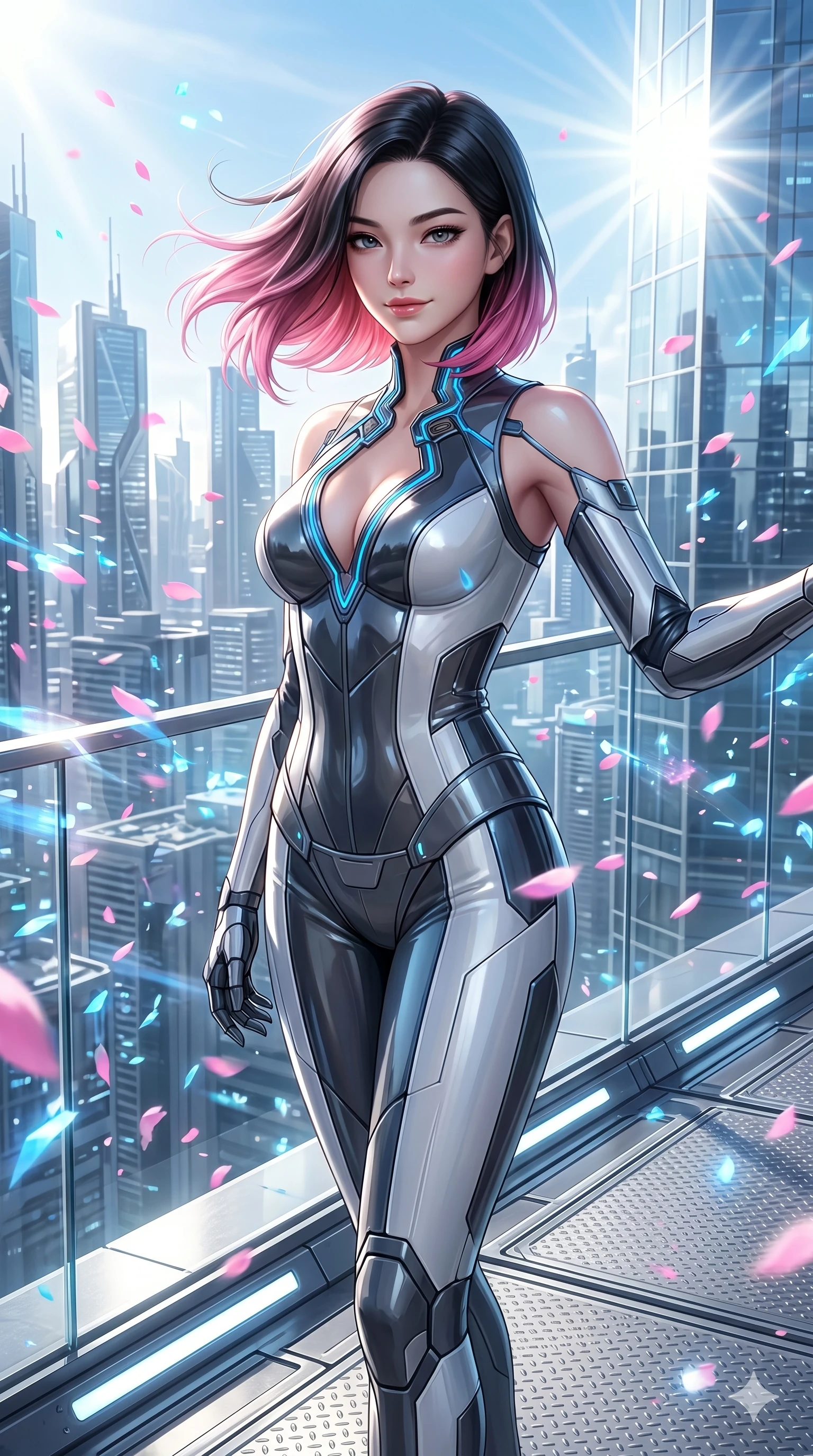 score_9, masterpiece, best quality, ultra-detailed, high-budget anime keyframe, semi-realistic 3D game render, Korean woman. Upper body close-up from the thighs up, character filling the screen for maximum presence. She is standing on the edge of a skyscraper, her hair and clothes whipping in the wind as cybernetic sakura petals blizzard around. She twists her upper body dramatically with a confident half-smile. She has an absolutely perfect 8-heads proportion, a tall and elegant figure with a refined silhouette and a defined waistline. V-shaped jawline, high-bridge nose, intricate jewel-like eyes with depth, thick eyelashes, glossy lips with a natural sheen. She is wearing a structured cybernetic bodice in glossy vinyl panels, paired with detached sleeves and a refined V-neckline detailed with glowing piping. The scene is bathed in brilliant morning sunlight and sharp sun rays reflecting off distant glass skyscrapers. 2k, ultra detail, master piece, 9:16 ratio
