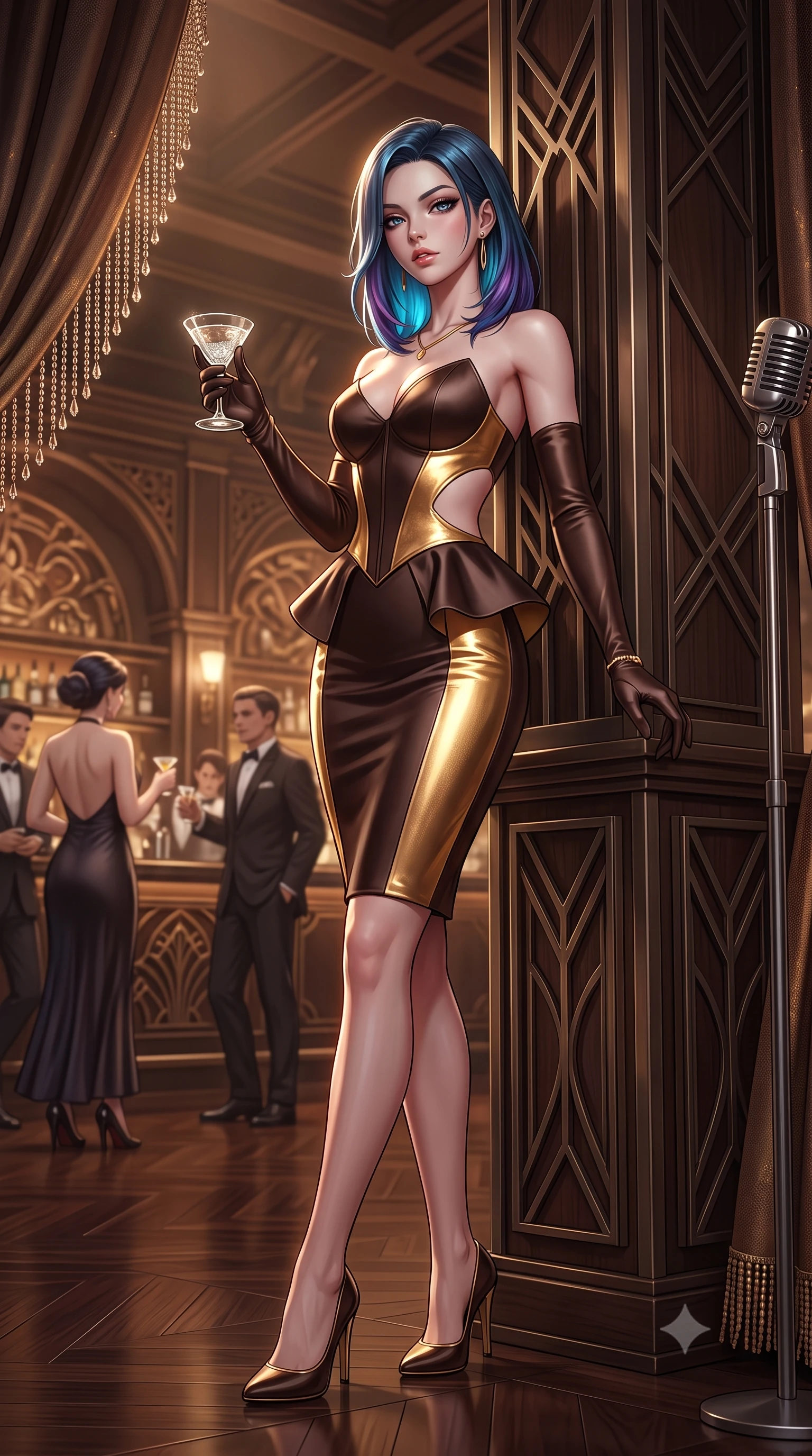 score_9, masterpiece, best quality, ultra-detailed, high-budget anime keyframe, semi-realistic 3D game render, editorial fashion photography, tasteful artistic composition, Caucasian woman. low angle full-body shot from head to toe showing her feet, filling the entire 9:16 vertical frame with her statuesque presence, stretching her vertical silhouette. leaning deep against the structural architecture with hips cocked in an unapologetically bold, seductive high-fashion stance while gliding across the polished dark walnut dance floor with supermodel momentum, her dress tightly hugging her feminine curves. The surrounding environment is rendered in vivid detail and crisp panoramic clarity. detailed beaded dress fringe movement, cocktail glass condensation, and vintage microphone grill in high clarity. She has an exceptionally tall and slender model-like 8.5-heads proportion, an ultra-slim waist, a flat toned midriff, narrow delicate ribcage, and beautifully sculpted feminine hips creating a graceful, slim hourglass silhouette without any bulky heaviness, with impossibly long slender legs. sharp v-shaped jawline, high-bridge nose, intricate jewel-like eyes with depth, thick eyelashes, glossy parted lips with a natural sheen, intensely captivating and seductive bedroom-eyes expression, flawlessly proportioned anatomical accuracy, strict slender model proportions, natural body alignment, perfectly sculpted long slender limbs, ultra-slim waistline, clean dynamic posture without body distortion. wearing a modern peplum corset dress with side-waist diamond cutouts and an ultra-tight silhouette in dark espresso brown and molten gold foil, tailored from ultra-smooth duchess satin with a pearlescent sheen, accessorized with opera-length satin gloves and a vintage crystal glass, the glove-like aerodynamic silhouette tightly following the natural contour of her hips and long slender legs with statuesque 8.5-heads elegance. illuminated by rich specular rim lights defining her razor-sharp jawline, narrow waist, and curvy hips. highly saturated vibrant anime colors, detailed shading with soft gradients, rich glossy textures, high-contrast stereoscopic depth, volumetric dynamic lighting, master piece, 9:16 ratio