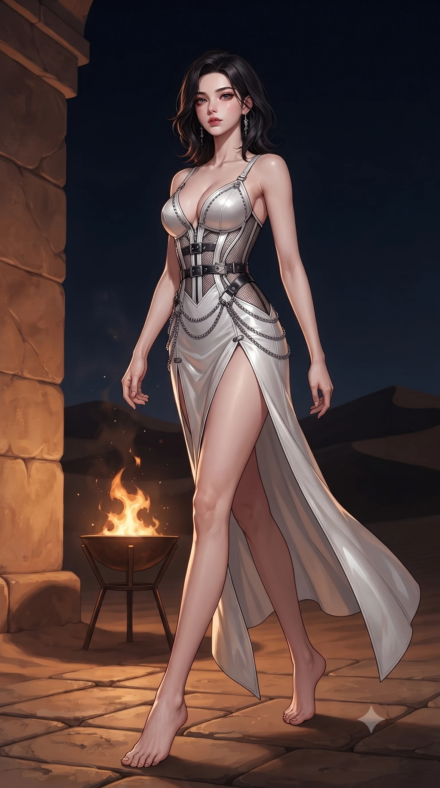 score_9, masterpiece, best quality, ultra-detailed, high-budget anime keyframe, editorial fashion photography, tasteful artistic composition, Korean woman. low angle full-body shot from head to toe showing her feet, filling the entire 9:16 vertical frame with her statuesque presence, stretching her vertical silhouette. navigating the private sanctuary with an effortless, graceful stride, poised near a flickering bronze brazier as night wind blows over dark dunes, sandstone architecture providing a warm natural background plane. She has an absolutely perfect, statuesque 8.5-heads proportion, an exceptionally tall and slender model-like female figure with impossibly long slender legs and an ultra-slim waist. sharp v-shaped jawline, high-bridge nose, intricate jewel-like eyes with depth, thick eyelashes, glossy lips with a natural sheen. wearing low-cut gothic structured bodice gown with high leg slit in pearl white, made of fine dark contouring mesh, framed by dark titanium buckles and silver chain details, the fitted fabric emphasizing her ultra-slim waist. lit by low-key flame light piercing through dark desert night air. ultra-reflective glossy finish, specular highlights, metallic sheen, high-contrast stereoscopic depth, volumetric dynamic lighting, 2k, ultra detail, master piece, 9:16 ratio