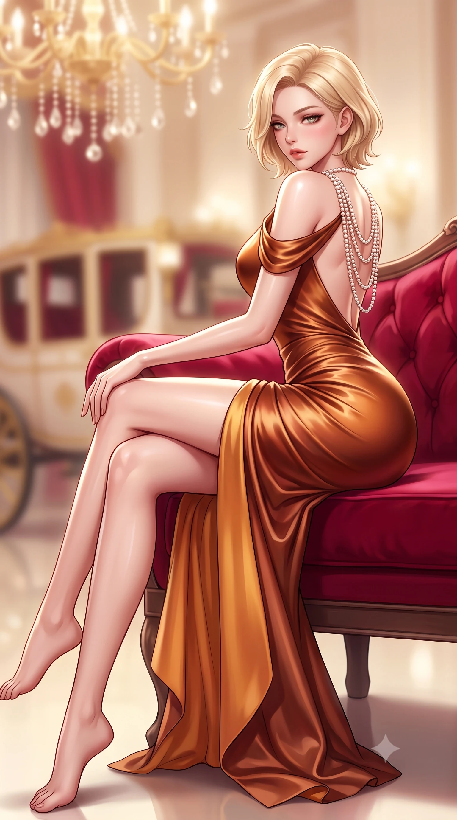 score_9, masterpiece, best quality, ultra-detailed, high-budget anime keyframe, semi-realistic 3D game render, editorial fashion photography, tasteful artistic composition, Caucasian woman. low angle full-body shot from head to toe showing her feet, filling the entire 9:16 vertical frame with her statuesque presence, stretching her vertical silhouette. sitting perched on the elevated edge with hips angled toward the camera and legs crossed, displaying her toned midriff and flawlessly sculpted slender limbs while reclining on a plush crimson velvet settee propped on one elbow, her long slender legs and curvy hips commanding the composition. The composition keeps background elements in soft focus with creamy bokeh. golden chandelier crystals and distant imperial boulevard carriages blurred into warm champagne, ruby, and ivory bokeh. She has an exceptionally tall and slender model-like 8.5-heads proportion, an ultra-slim waist, a flat toned midriff, narrow delicate ribcage, and beautifully sculpted feminine hips creating a graceful, slim hourglass silhouette without any bulky heaviness, with impossibly long slender legs. sharp v-shaped jawline, high-bridge nose, intricate jewel-like eyes with depth, thick eyelashes, glossy parted lips with a natural sheen, intensely captivating and seductive bedroom-eyes expression, flawlessly proportioned anatomical accuracy, strict slender model proportions, natural body alignment, perfectly sculpted long slender limbs, ultra-slim waistline, clean dynamic posture without body distortion. wearing a form-contouring cocktail dress with an asymmetrical open shoulder and hip-defining ruching in rich copper bronze and warm amber, tailored from ultra-smooth duchess satin with a pearlescent sheen, accented with a multi-strand pearl back necklace cascading down her bare spine to her hips, the liquid-tight tailored fabric clinging flawlessly to her narrow waist and rounded feminine hips, emphasizing every millimeter of her sculpted slim hourglass curves without any bulky heaviness. illuminated by crisp specular highlights defining her bare clavicle, ultra-slim waist, and curvy hips. highly saturated vibrant anime colors, detailed shading with soft gradients, rich glossy textures, high-contrast stereoscopic depth, volumetric dynamic lighting, master piece, 9:16 ratio