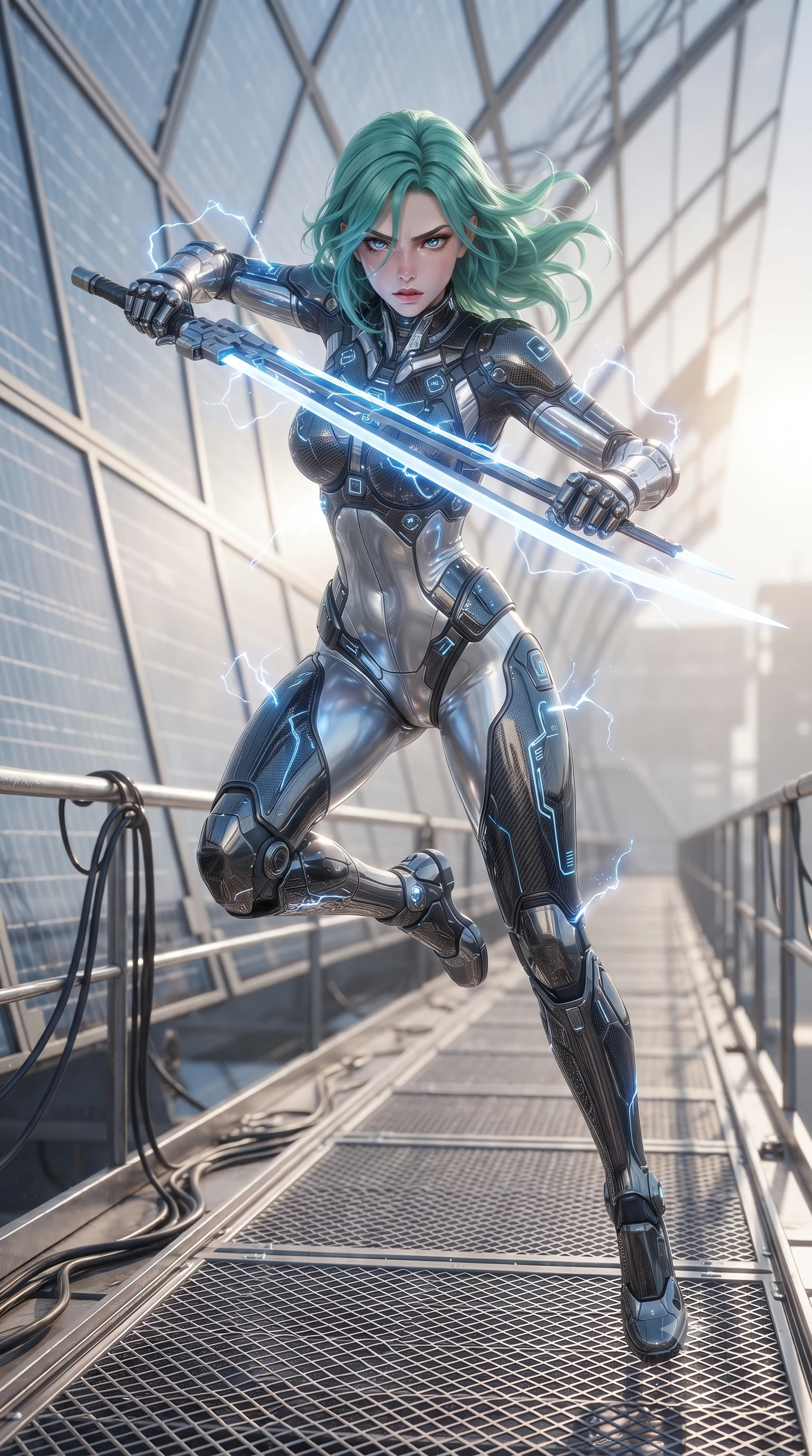 score_9, masterpiece, best quality, ultra-detailed, high-budget anime keyframe, editorial fashion photography, tasteful artistic composition, Japanese woman. low angle full-body shot from head to toe showing her feet, filling the entire 9:16 vertical frame with her statuesque presence, stretching her vertical silhouette. leaping forward while slashing with a twin-bladed plasma sword in mid-air, her body-contouring suit showing her athletic silhouette, the background shows a soft-focus a maintenance catwalk tracking along the edge of a solar wind collector. She has an absolutely perfect, statuesque 8.5-heads proportion, an exceptionally tall and slender model-like female figure with impossibly long slender legs and an ultra-slim waist. sharp v-shaped jawline, high-bridge nose, intricate jewel-like eyes with depth, thick eyelashes, glossy lips with a natural sheen. wearing a slim-fit form-contouring liquid silver space flight under-suit, contouring her athletic, slender build. arcs of blue solar plasma discharging and illuminating her carbon armor. ultra-reflective glossy finish, specular highlights, metallic sheen, high-contrast stereoscopic depth, volumetric dynamic lighting, 2k, ultra detail, master piece, 9:16 ratio