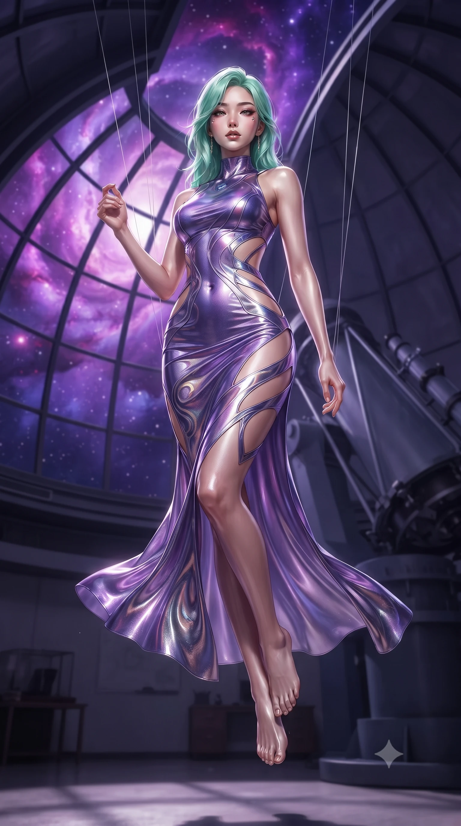 score_9, masterpiece, best quality, ultra-detailed, High-budget Anime Keyframe, editorial fashion photography, tasteful artistic composition, realistic cosplay photography, East Asian woman. Low angle cowboy shot filling the entire 9:16 frame with her statuesque presence. Scenario 356: suspended by invisible silk threads inside a high-altitude observatory dome under a swirling violet nebula. Her presence is magnetic and overpowering in this high-budget cinematic scene. Outfit 356: a body-hugging shimmering chiffon bare with a strategic side cut-outs and tight-fitting silhouette. The clothing is designed to emphasize her exceptionally tall and slender 8-heads proportion. 8-heads proportion, towering silhouette, ultra-slim waist. sharp v-shaped jawline, intricate jewel-like eyes with depth, thick eyelashes, glossy lips. ultra-reflective glossy finish, specular highlights, metallic sheen, high-contrast stereoscopic depth, volumetric dynamic lighting, 2k, ultra detail, master piece, 9:16 ratio