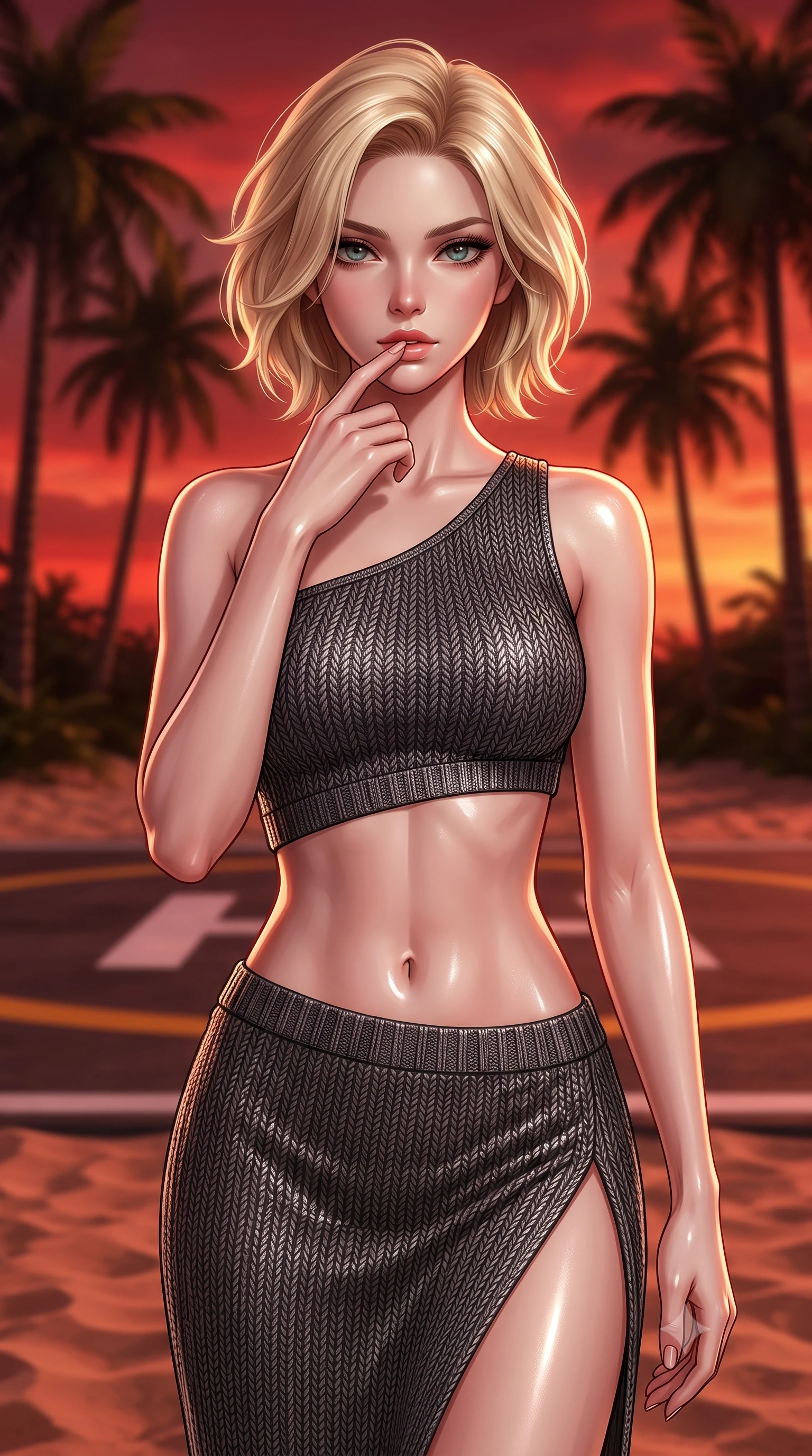 score_9, masterpiece, best quality, ultra-detailed, high-budget anime keyframe, editorial fashion photography, tasteful artistic composition, Caucasian woman. close-up cowboy shot from the waist and thighs up, the character dominates the composition, filling the frame with her large presence, background elements kept in soft focus. pressing one finger to her bottom lip in a thoughtful, seductive gesture under the warm sun the background shows a soft-focus a secluded beach resort helipad surrounded by tall palm trees at sunset. She has an exceptionally elegant, slender, and willowy female figure with an ultra-slim waist, a gracefully sculpted slender torso, and a refined silhouette. sharp v-shaped jawline, high-bridge nose, intricate jewel-like eyes with depth, thick eyelashes, glossy lips with a natural sheen. wearing a form-contouring asymmetric one-shoulder crop top in charcoal knit, paired with a high-slit skirt. the warm red and orange sunset sky casting a dramatic glow over the sands. ultra-reflective glossy finish, specular highlights, metallic sheen, high-contrast stereoscopic depth, volumetric dynamic lighting, 2k, ultra detail, master piece, 9:16 ratio