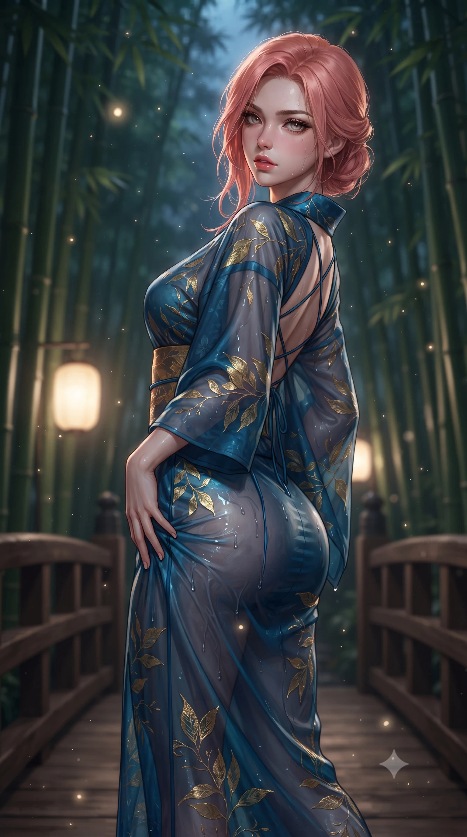 score_9, masterpiece, best quality, ultra-detailed, high-budget anime keyframe, editorial fashion photography, tasteful artistic composition, Japanese woman. close-up cowboy shot from the waist and thighs up, the character dominates the composition, filling the frame with her large presence. arching her spine backward with effortless dancer poise, one hand sliding along her hip line as directional light carves specular highlights along her silhouette while standing poised on the wooden bridge terrace, twisting her upper body in an alluring S-curve as night wind rustles through the bamboo canopy. The composition keeps background elements in soft focus with creamy bokeh. drifting bamboo leaves and glowing lantern light rays scattering soft luminous light motes. She has an exceptionally elegant, slender, and willowy female figure with an ultra-slim waist, a gracefully sculpted slender torso, toned flat midriff, and rounded feminine hips creating an alluring hourglass silhouette. sharp v-shaped jawline, high-bridge nose, intricate jewel-like eyes with depth, thick eyelashes, glossy parted lips with a natural sheen, intensely captivating and seductive bedroom-eyes expression, flawlessly proportioned anatomical accuracy, strict slender model proportions, natural body alignment, perfectly sculpted long slender limbs, ultra-slim waistline, clean dynamic posture without body distortion. wearing a delicate semi-translucent silk yukata that clings to her wet skin and curvy hip contours in deep azure blue and gold leaf embroidery, tailored from smooth liquid silk satin adhering seamlessly to her wet skin, finished with a dramatic open back framed by criss-cross delicate silk cords, the form-contouring material adhering flawlessly to her sculpted flat midriff and slender torso, emphasizing her long leg lines and perfectly proportioned willowy build. illuminated by wet specular highlights accentuating her slender neckline, sculpted waist, and rounded hips. ultra-reflective glossy finish, specular highlights, rich textural contrasts, high-contrast stereoscopic depth, volumetric dynamic lighting, 2k, ultra detail, master piece, 9:16 ratio