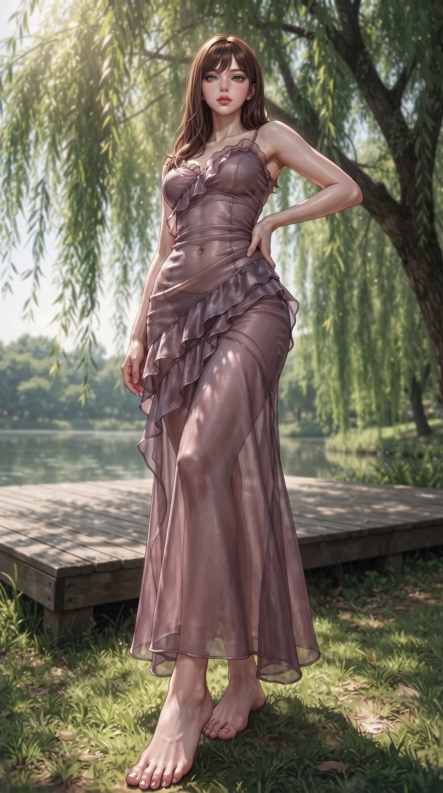 score_9, masterpiece, best quality, ultra-detailed, high-budget anime keyframe, editorial fashion photography, tasteful artistic composition, Korean woman woman. low angle full-body shot from head to toe showing her feet, filling the entire 9:16 vertical frame with her statuesque presence, stretching her vertical silhouette. posing confidently with one hand on her hip, stretching her statuesque body to emphasize her curves the background shows a soft-focus a wooden deck under a large weeping willow tree near a calm lake in a private park. She has an absolutely perfect, statuesque 8.5-heads proportion, an exceptionally tall and slender model-like female figure with impossibly long slender legs and an ultra-slim waist. sharp v-shaped jawline, high-bridge nose, intricate jewel-like eyes with depth, thick eyelashes, glossy lips with a natural sheen. wearing a slim-fit sheer organza dress in dusty mauve, showing her slender torso and willowy silhouette. dappled sunbeams filtering through the willow leaves onto the grass. ultra-reflective glossy finish, specular highlights, metallic sheen, high-contrast stereoscopic depth, volumetric dynamic lighting, 2k, ultra detail, master piece, 9:16 ratio