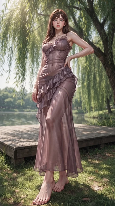 score_9, masterpiece, best quality, ultra-detailed, high-budget anime keyframe, editorial fashion photography, tasteful artistic composition, Korean woman woman. low angle full-body shot from head to toe showing her feet, filling the entire 9:16 vert