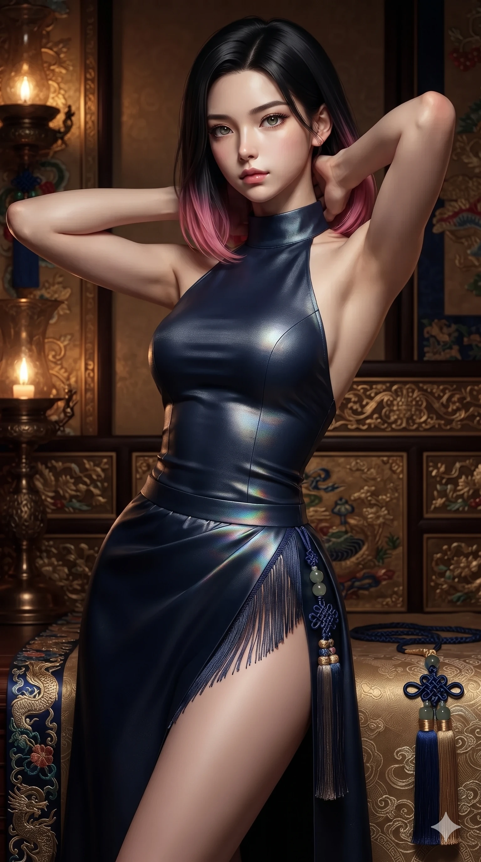 score_9, masterpiece, best quality, ultra-detailed, high-budget anime keyframe, editorial fashion photography, tasteful artistic composition, Korean woman. close-up cowboy shot from the waist and thighs up, the character dominates the composition, filling the frame with her large presence. resting both hands lightly behind her neck with elbows raised, arching her spine to highlight her narrow waist, flat midriff, and breathtaking collarbones while twisting her slender torso in an alluring contrapposto stance, rainbow mother-of-pearl reflections contouring her waist and hips. The surrounding environment is rendered in vivid detail and crisp panoramic clarity: detailed modern boned hanbok bustier tailoring, norigae tassel knotting, and luxury royal artisan crafts in razor-sharp precision. She has an exceptionally elegant, slender, and willowy female figure with an ultra-slim waist, flat toned midriff, narrow ribcage, and sculpted feminine hips creating an alluring, slim hourglass silhouette without bulk. sharp v-shaped jawline, high-bridge nose, sparkling eyes with hypnotic seductive depth, thick curled eyelashes, glossy parted lips with a natural dewy peach sheen, alluring bedroom-eyes with an enchanting coquettish smile, exuding magnetic siren charisma and sophisticated glamour, flawlessly proportioned anatomical accuracy, strict slender model proportions, natural body alignment, perfectly sculpted long slender limbs, ultra-slim waistline, clean dynamic posture without body distortion. wearing a sleek high-neck backless silk halter leotard styled with a high-slit chima wrap skirt revealing her long slender legs in metallic liquid silver and deep sapphire navy, woven from bespoke Korean ramie fabric with crisp tactile slub texture, finished with delicate silk fringe trim fluttering along her hip line with kinetic charm, the liquid-tight tailored fabric clinging flawlessly to her narrow waist and rounded feminine hips, emphasizing every millimeter of her sculpted slim hourglass curves without any bulky heaviness. bathed in soft moody amber chiaroscuro lighting spilling from ornate bronze oil lamps. ultra-reflective glossy finish, specular highlights, rich textural contrasts, high-contrast stereoscopic depth, volumetric dynamic lighting, 2k, ultra detail, master piece, 9:16 ratio