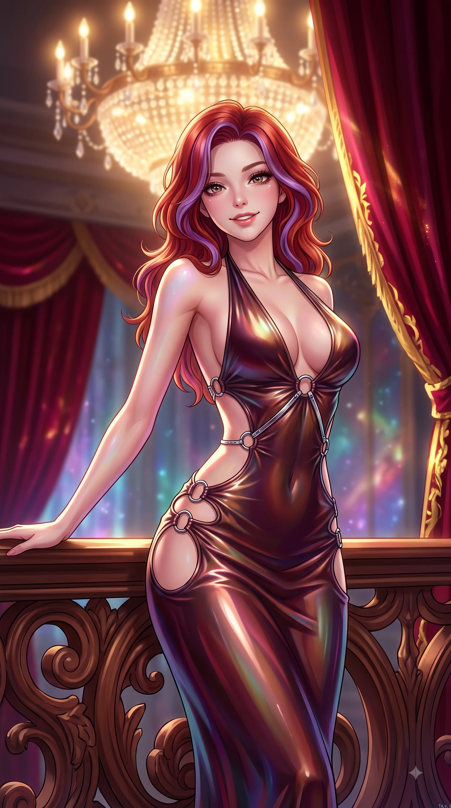 score_9, masterpiece, best quality, ultra-detailed, high-budget anime keyframe, editorial fashion photography, tasteful artistic composition, Caucasian woman. close-up cowboy shot from the waist and thighs up, the character dominates the composition, filling the frame with her large presence, background elements kept in soft focus. Extending one arm in an elegant stretch toward the light while smiling with magnetic self-assurance while leaning gracefully against a carved mahogany balustrade under a majestic chandelier glow, rich crimson velvet curtains catching dramatic gold-leaf trim highlights. She has an exceptionally elegant, slender, and willowy female figure with an ultra-slim waist, a gracefully sculpted slender torso, and a refined silhouette. sharp v-shaped jawline, high-bridge nose, intricate jewel-like eyes with depth, thick eyelashes, glossy lips with a natural sheen, flawlessly proportioned anatomical accuracy, natural body alignment, perfectly sculpted elegant limbs, clean dynamic posture without body distortion. wearing a deep-scoop halter bodycon dress with hip cutouts connected by silver rings in deep burgundy and bronze, crafted from iridescent chiffon that shifts colors in the light, accented with delicate chrome ring hardware framing her waist, the glove-like fit emphasizing her statuesque silhouette during motion. illuminated by radiant cosmic nebula light and warm golden chandelier glow. highly saturated vibrant anime colors, detailed shading with soft gradients, rich glossy textures, high-contrast stereoscopic depth, volumetric dynamic lighting, master piece, 9:16 ratio