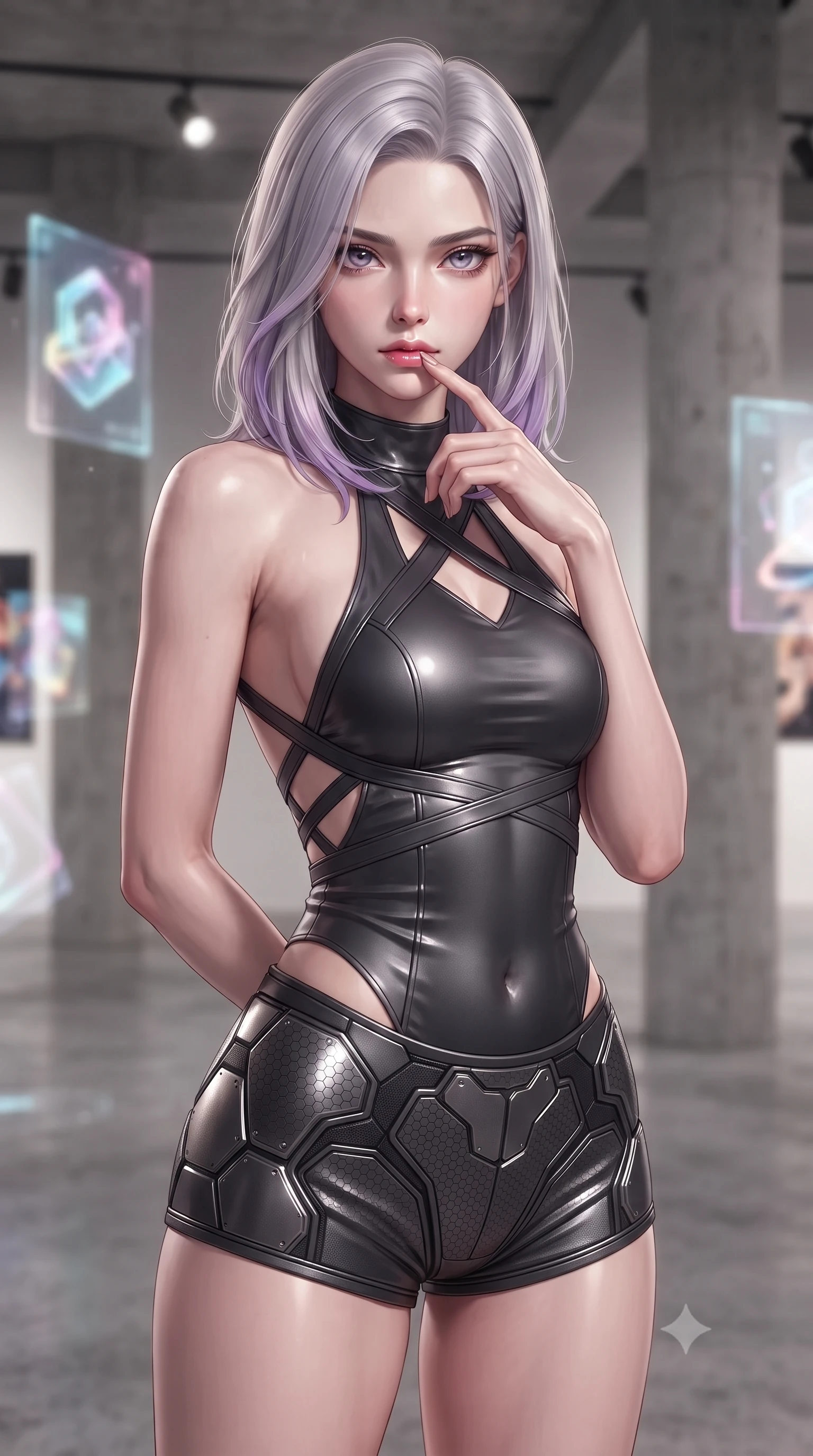 score_9, masterpiece, best quality, ultra-detailed, high-budget anime keyframe, editorial fashion photography, tasteful artistic composition, Caucasian woman. close-up cowboy shot from the waist and thighs up, the character dominates the composition, filling the frame with her large presence, background elements kept in soft focus. pressing one finger to her bottom lip in a thoughtful, composed gesture, locking eyes with the viewer, the background shows a soft-focus an art gallery lounge with concrete pillars and floating holographic art. She has an exceptionally elegant, slender, and willowy female figure with an ultra-slim waist, a gracefully sculpted slender torso, and a refined silhouette. sharp v-shaped jawline, high-bridge nose, intricate jewel-like eyes with depth, thick eyelashes, glossy lips with a natural sheen. wearing a body-hugging backless halter-neck combat top with criss-cross strapping, paired with carbon-alloy micro-shorts. focused spotlights casting sharp, detailed highlights on her clothing. ultra-reflective glossy finish, specular highlights, metallic sheen, high-contrast stereoscopic depth, volumetric dynamic lighting, 2k, ultra detail, master piece, 9:16 ratio