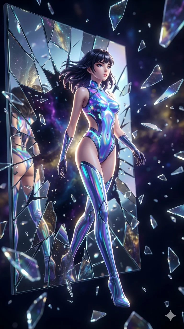 score_9, masterpiece, best quality, ultra-detailed, high-budget anime keyframe, an incredibly beautiful Japanese woman. Medium shot of upper body focusing on her alluring features and slim-fit silhouette, filling the vertical 9:16 frame. She is a dimension traveler stepping through a fractured mirror. She possesses a statuesque height and a towering silhouette, highlighting her long slender legs and perfect 8-heads proportion. Her face is a flawless masterpiece with a sharp v-shaped jawline, high-bridge nose, expressive jewel-like eyes, thick eyelashes, and perfectly glossy lips. She is wearing a high-cut bodysuit that shifts colors like a prism. A surreal void filled with floating shards of reflective glass, dramatic rim lighting., 2k, ultra detail, master piece, 9:16 ratio